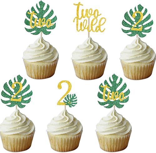 Safari Two Wild - Decoración para cupcakes, 2 hoja tropical, fiesta de cumpleaños, decoración de animales de la selva, color dorado 2