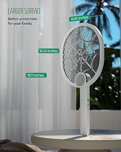 Miniatura 7 de Buzbug Matamoscas eléctrico, matamosquitos recargable tipo C, plegable, doble mano y modo Zap automático, potente raqueta de 3800 V para matamoscas