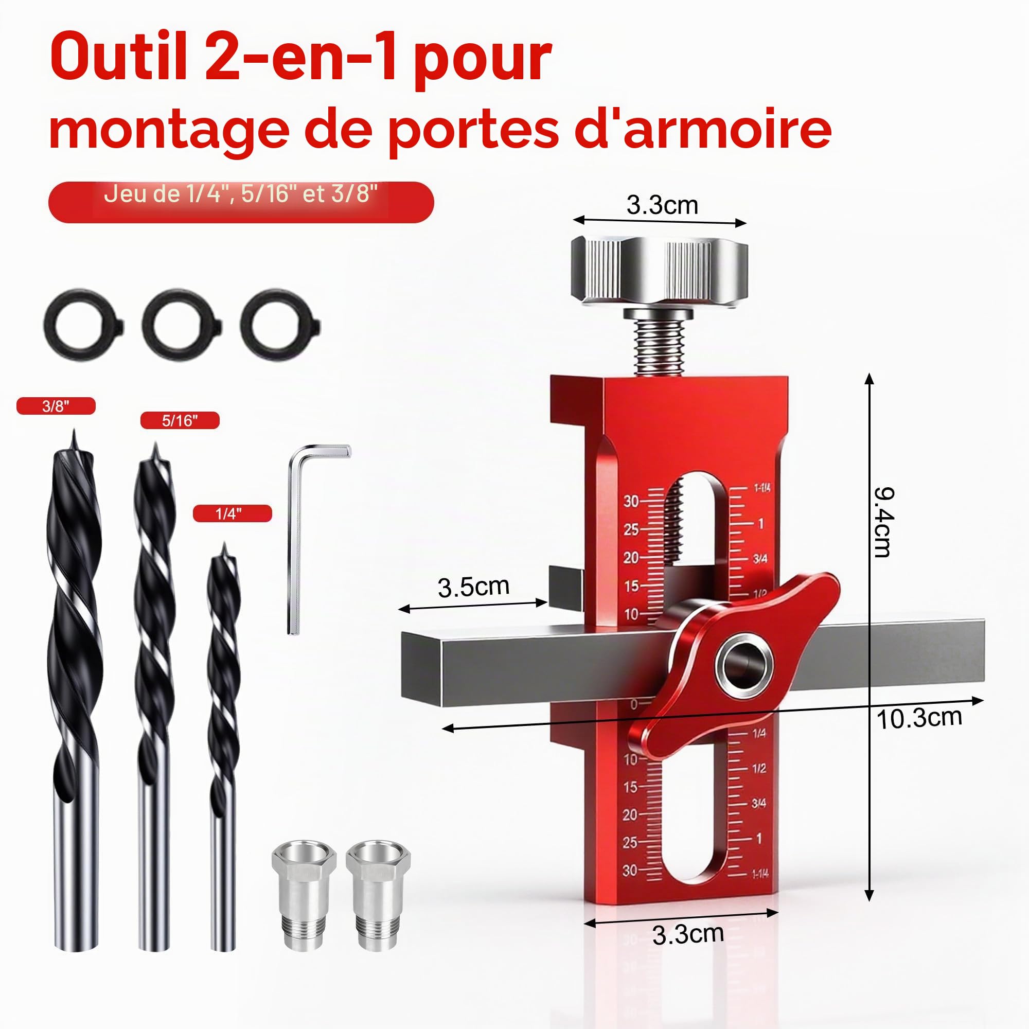 Outil de positionnement de porte d'armoire réglable : robuste et facile à utiliser Positionneur d'installation de porte d'armoire pour le travail du bois l'installation de portes d'armoires (rouge)