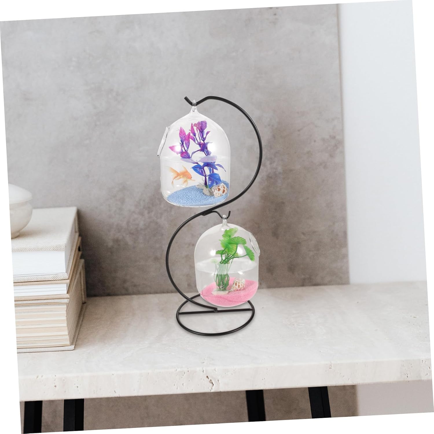 Small Hanging Desktop Aquarium Tank with Stand Transparent Glass Betta Fish Bowl for Home Office Decor Miniature Goldfish Tank with Thickened Crack Resistant Glass Random Color