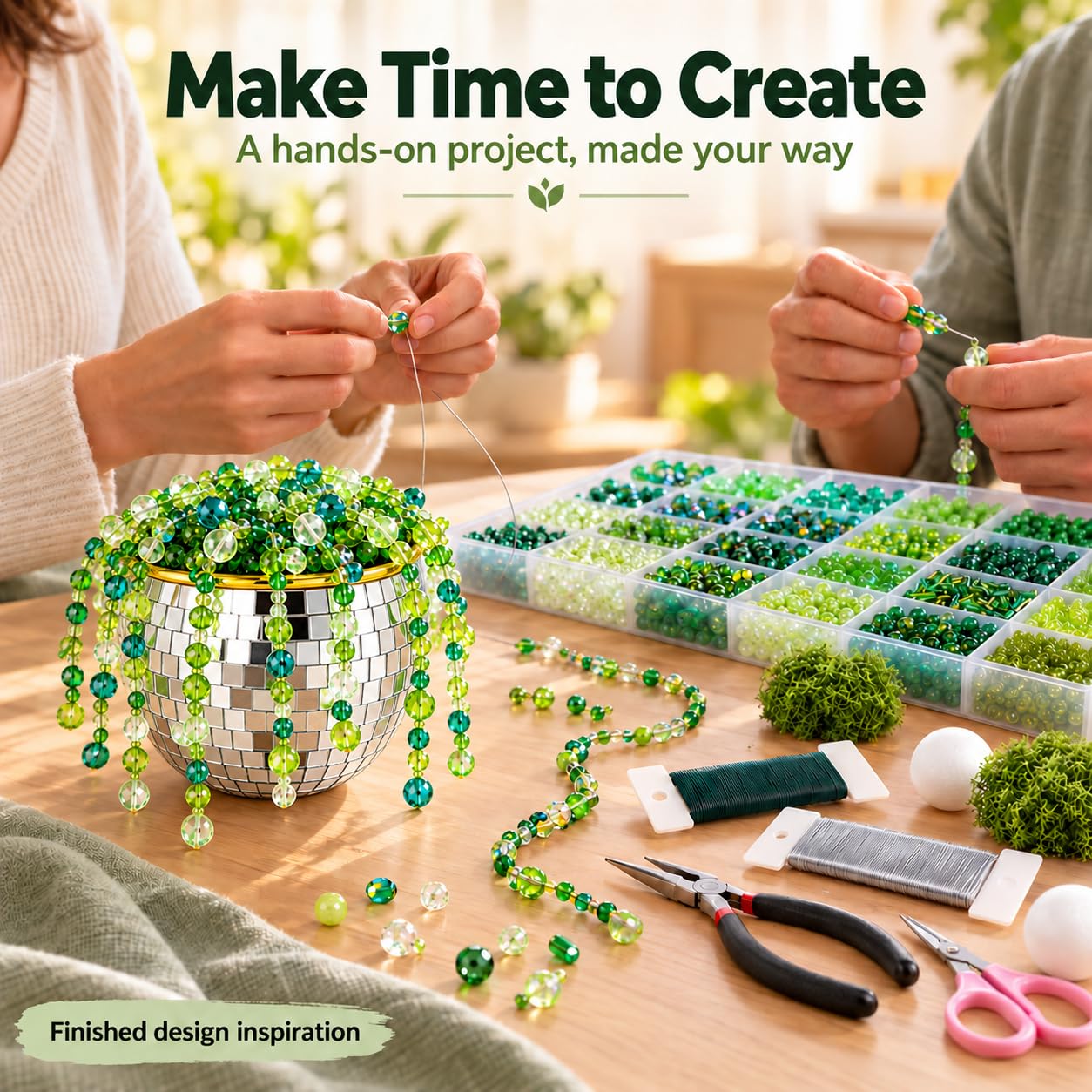 Kit de 5060 plantes vertes avec pot de fleurs disco miroir, kit d'artisanat pour plantes éternelles avec perles de verre, chaîne de suspension, fil floral, fil vert