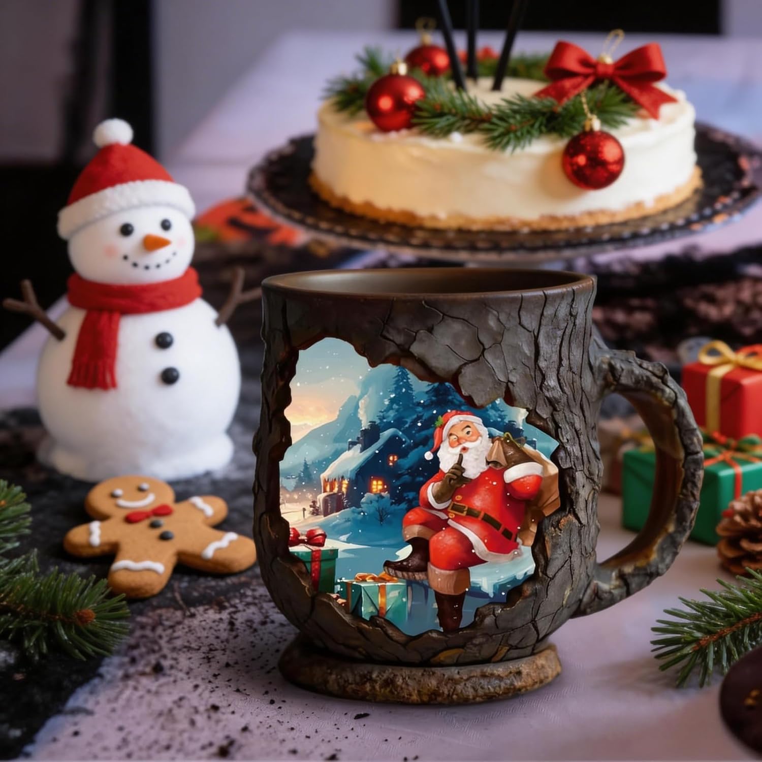 Tree Bark Textured Resin Mugs With 3d Silhouette Cut-Out Scenes Featuring Sasquatch,Witch,And Christmas Holiday Designs - Ideal For Outdoor Camping,Home Decor (Brown,Bigfoot Mug)