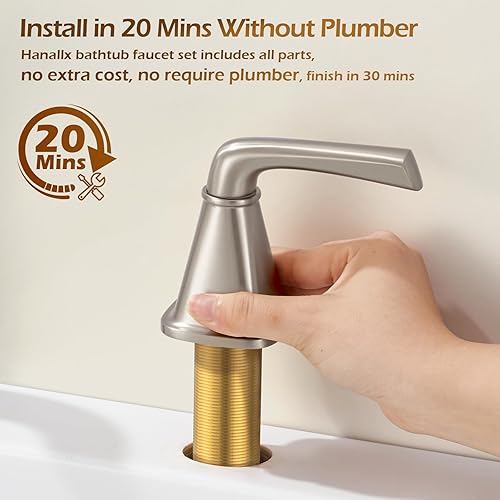 Miniatura 10 de Grifo de bañera de latón con cuello de cisne, grifo de bañera de baño de oro cepillado, montaje en cubierta, 3 agujeros, juego de grifos de bañera