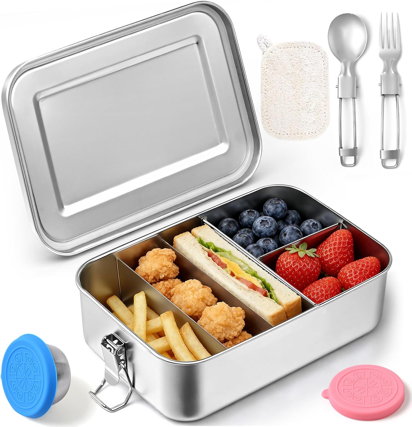 Qtencas Stainless Steel Lunch Bento Box, 47oz / 1.4L 5-Compartment Metal Bento Box with Removable Dividers, Leakproof Condiment Containers, Natural Loofah Dishwashing Sponge and Foldable Sporks