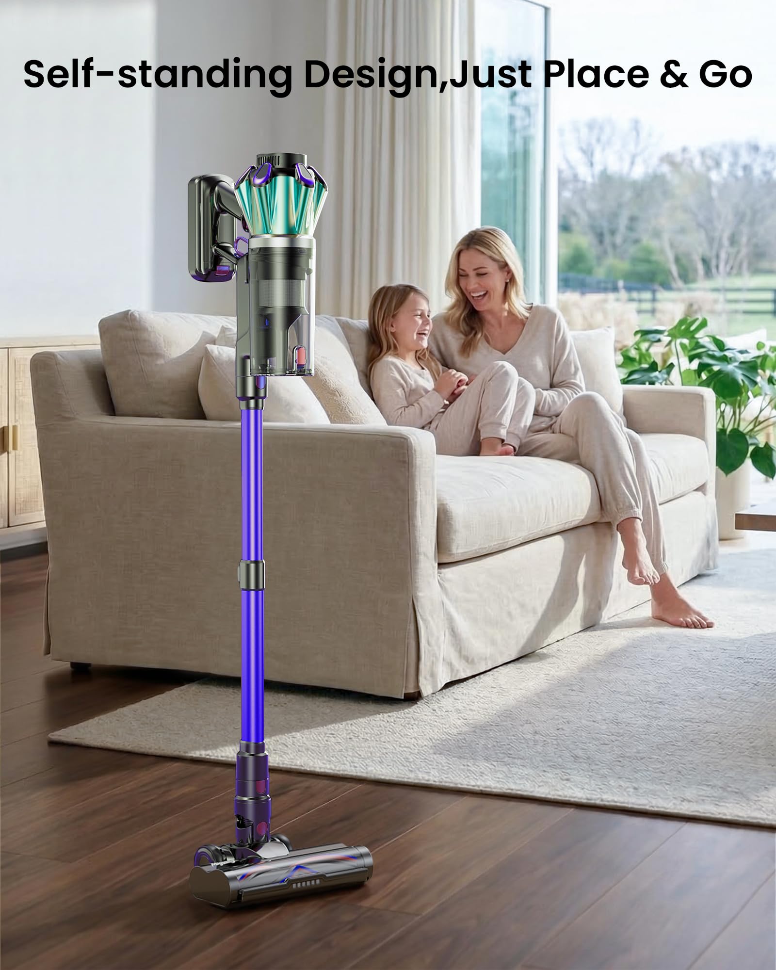Cordless Vacuum Cleaner, 650W 55KPA 70 Mins Vacuum Cleaners with Hurricane Mode, Anti-Tangle Brush, 1.8L Dust Cup, Self-Standing Stick Vacuum Cordless for Hard Floors, Carpet & Pet Hair — view 6