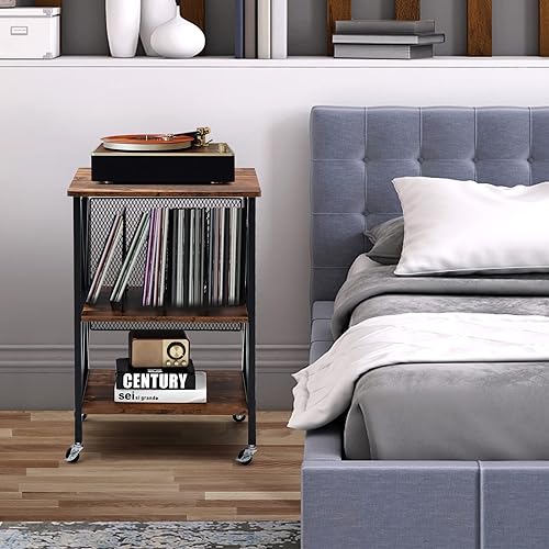 Miniatura 4 de TANGKULA Soporte para tocadiscos soporte de 3 niveles con 3 divisores para álbumes soporte de discos de vinilo rústico para sala de estar oficina en