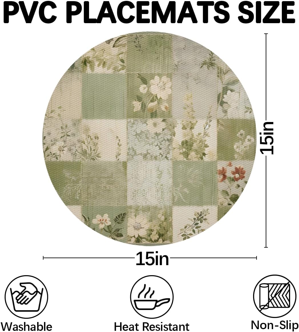 PVC Wedge Placemats for Round Tables Set of 5,Waterproof Heat-Resistant Table Mats, 17.7x11.8 Inch, Geometric Flower Green Plaid Printed Decor