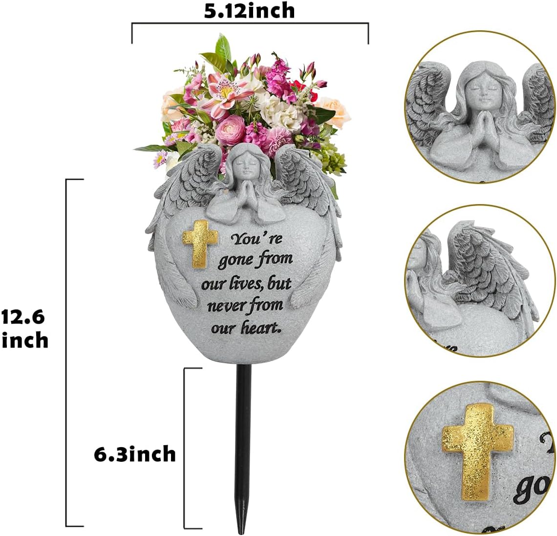 Cemetery Flowers for Grave Angel and Cross Cemetery Cemetery Memorial Vase, Cemetery Flower Grave,2-Piece Angel Cemetery vase with Iron Spikes,Garden Decoration Memorial Gift for Lost Love (1white)