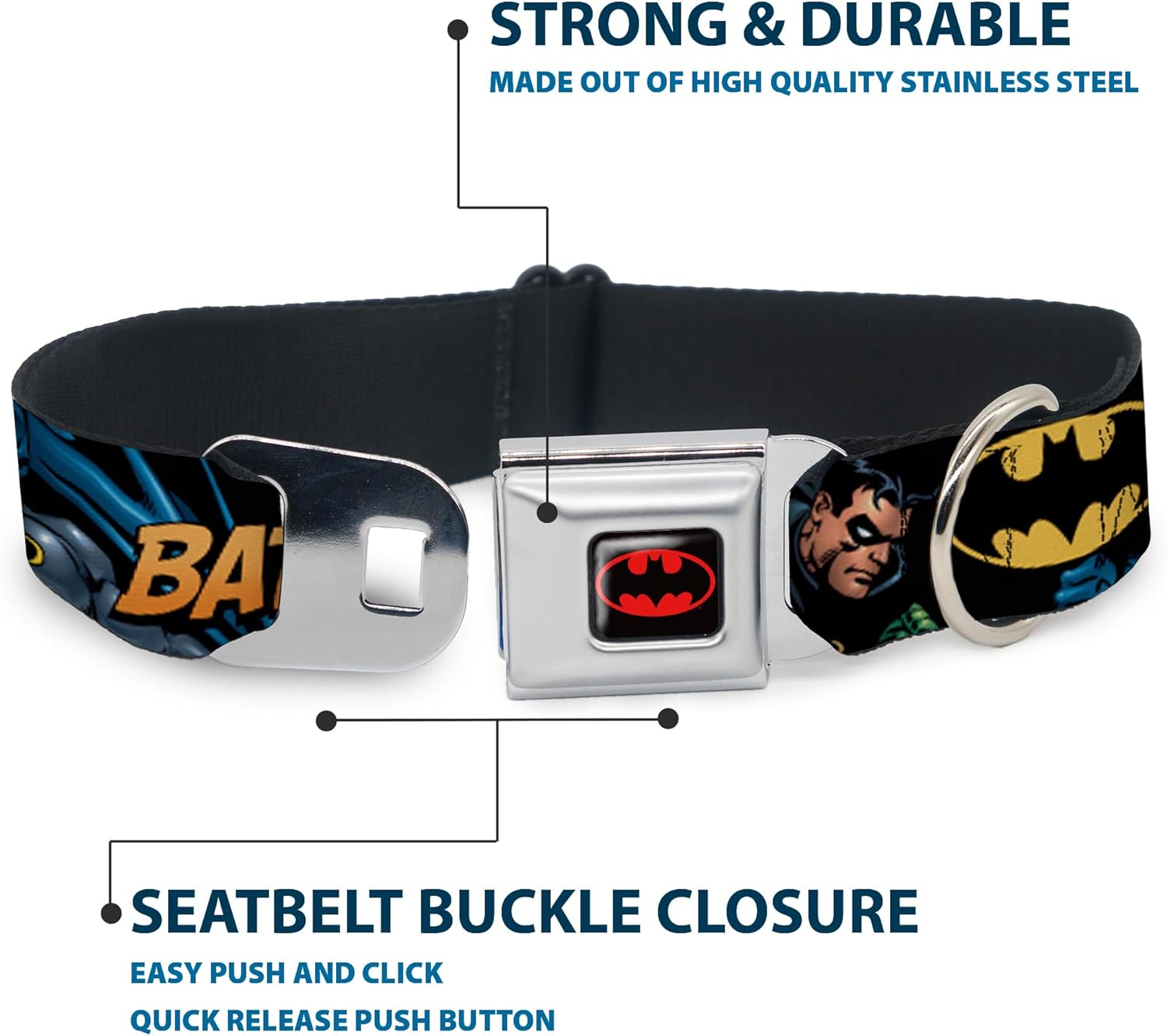 Buckle-Down Seatbelt Buckle Dog Collar - Batman & Robin in Action w/Text Black - 1" Wide - Fits 15-26" Neck - Large