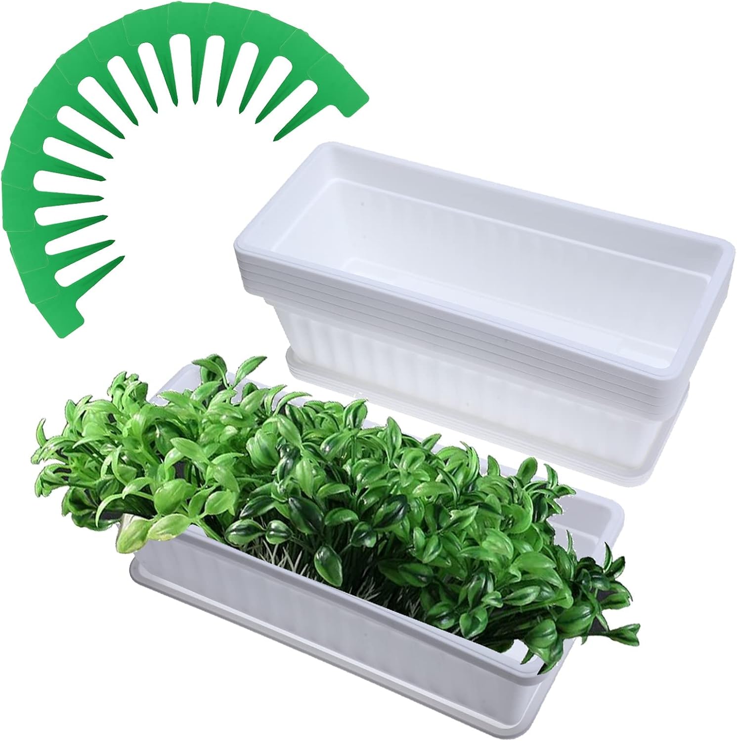 Patioer 6 Pack 17 Inch Flower Window Box with Tray Plastic Vegetable Planters with 15Pcs Plant Labels for Windowsill, Patio, Garden, Home Décor, Porch (White)