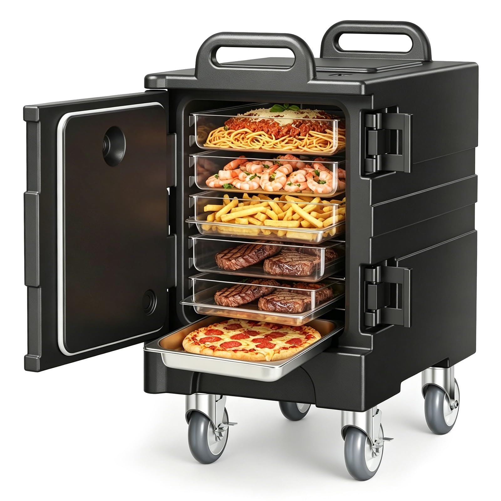 Contenedor isotérmico para bandejas de alimentos 81 Qt, caja térmica con ruedas giratorias de 360°, carga frontal, temperatura constante, sin electricidad para frío y calor