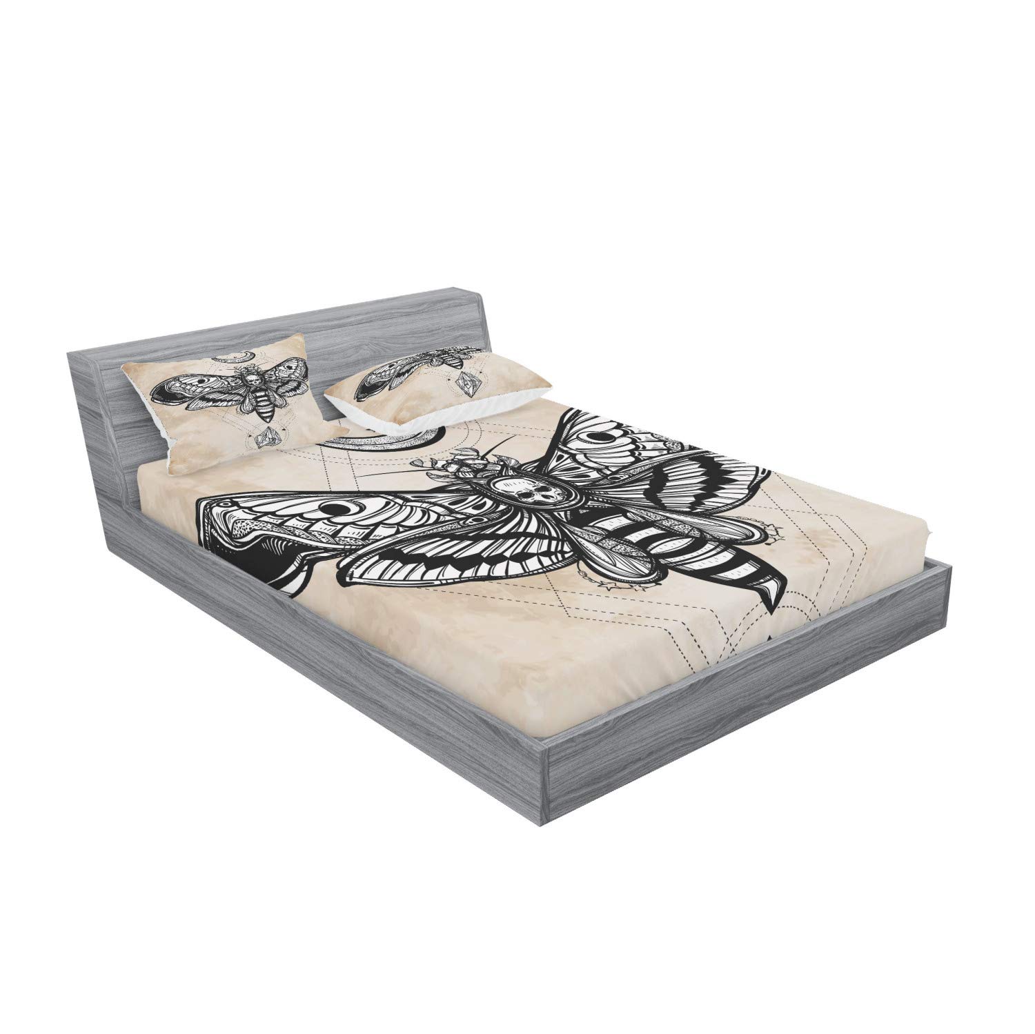 Ambesonne Fantasy Fitted Sheet & Pillow Sham Set, Dead Head Hawk Moth Luna and Stone Magic Skull Illustration, Decorative Printed 3 Piece Bedding Decor Set, Queen, White Black and Cream