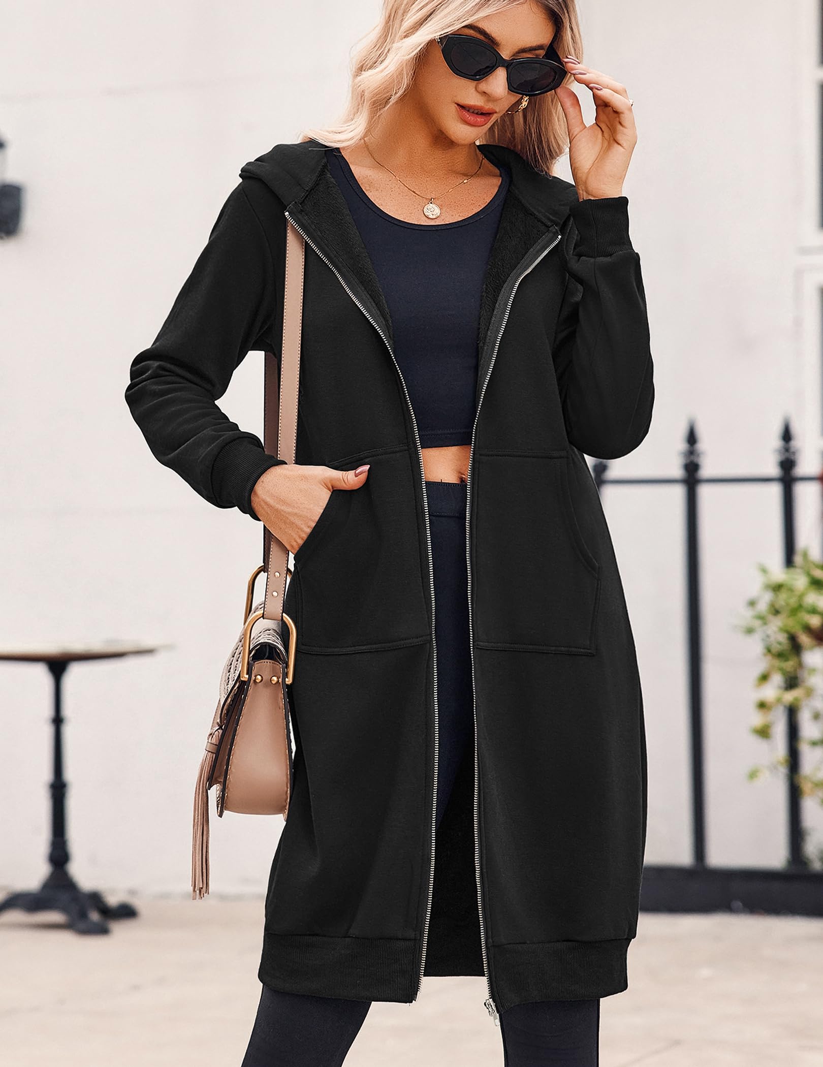Zeagoo Felpe con cappuccio da donna con zip oversize in pile felpe a tunica lunga casual a maniche lunghe 2024 autunno giacca con cappuccio cappotto, nero, XXX-Large