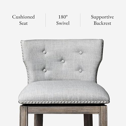 Miniatura 5 de Maven Lane Hugo Taburete de bar de 26 pulgadas de alto con respaldo bajo en acabado de roble recuperado con asiento tapizado de tela gris ceniza