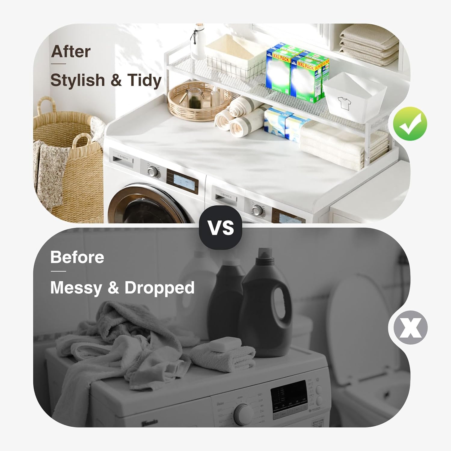 Washer Dryer Countertop with Shelf, 54" x 27.5" Wooden Washer and Dryer Topper, Laundry Countertop with Anti-Slip Pads, Washer Dryer Topper for Laundry Room Organization and Storage (White)