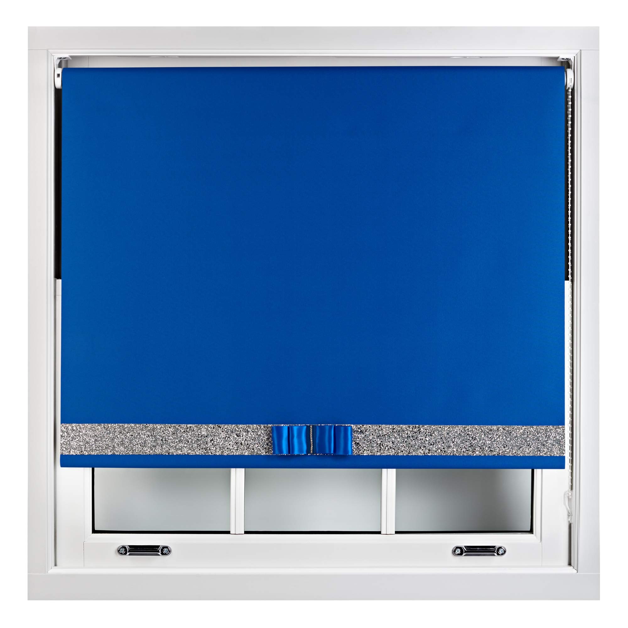 Furnished Blue Blackout Roller Blinds Decorative Glitter Fabric & Bow - Trimmable - 90W X 210H Cm