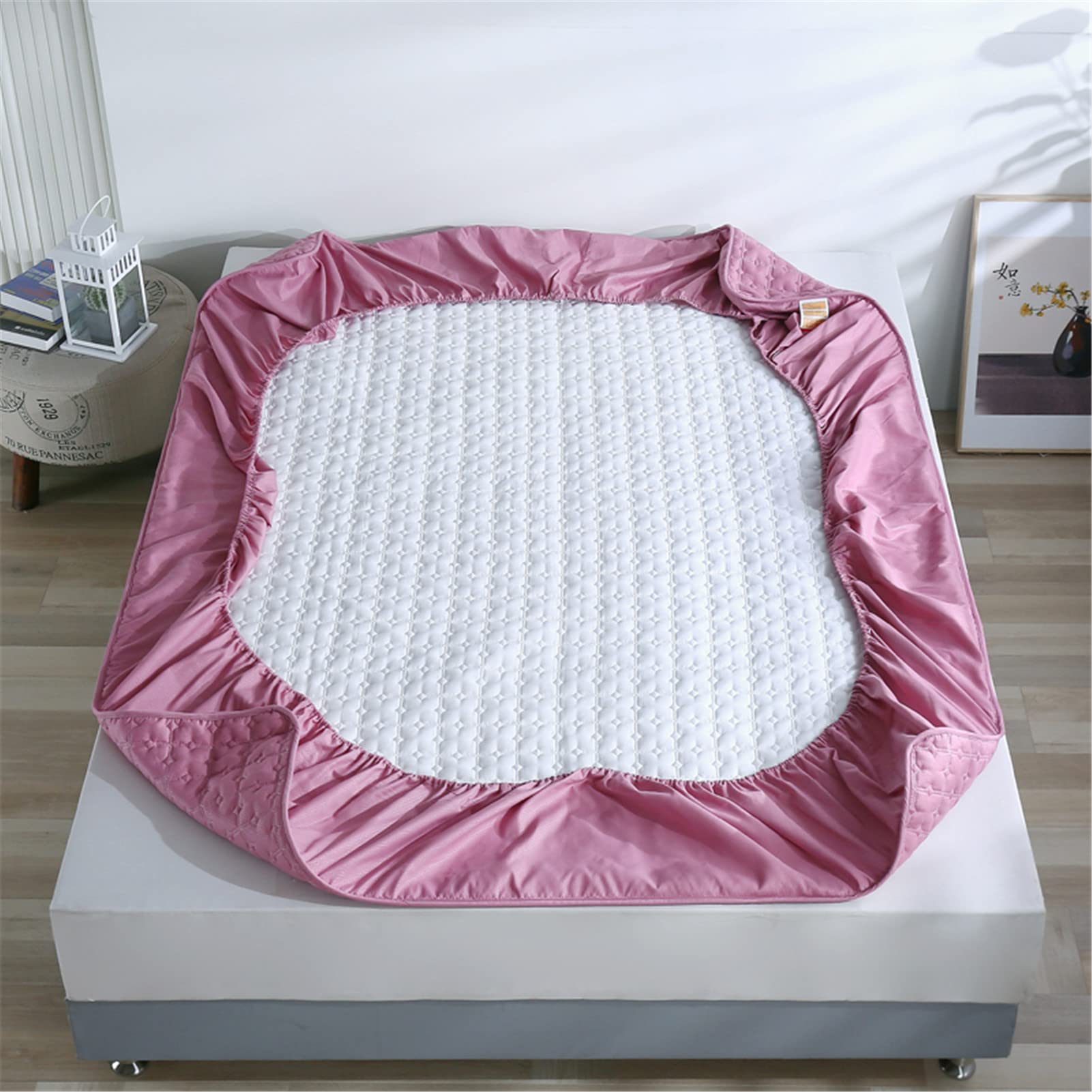 Protector Colchón, Protector de colchón Acolchado con Triple Relleno, Funda Colchon de Rizo Transpirable y Hipoalergénico, Antiácaros (Rosa Roja,Grueso 200x220cm)