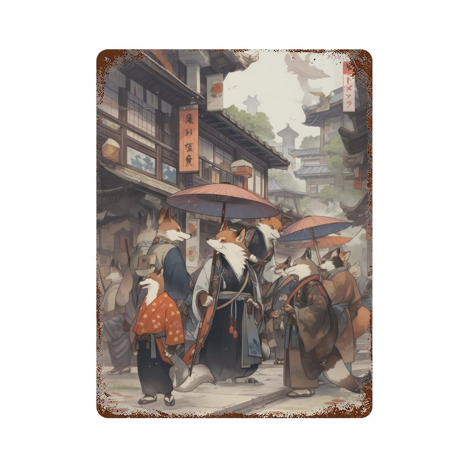 Distressed Metal Wall Sign Edo Fox Village 15.7"x11.8", Retro Wall Decor for Basement, Hobby Room And Garage Decor