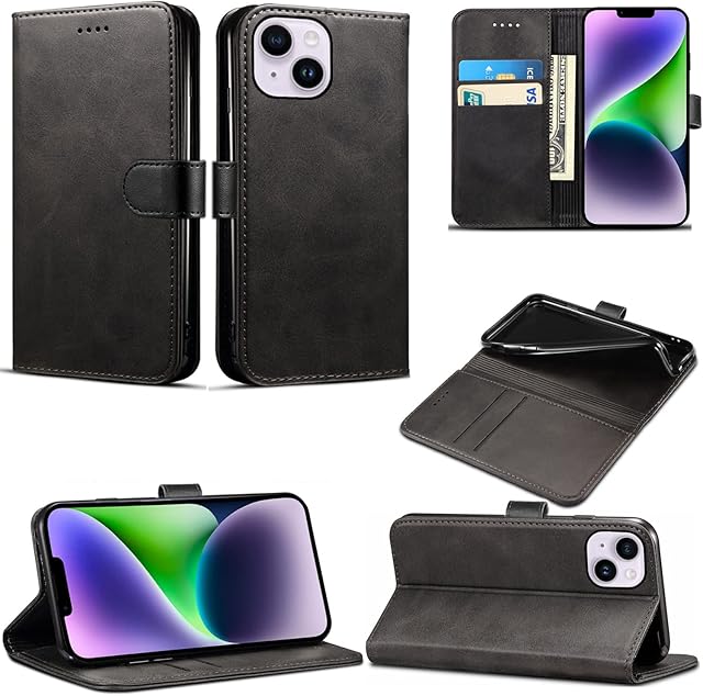 Case Compatible With iPhone 14 Leather Wallet Book Flip Folio Stand View Cover Magnetic Closure with Card Slots for iPhone 14 [6.1 Inch] (Black)