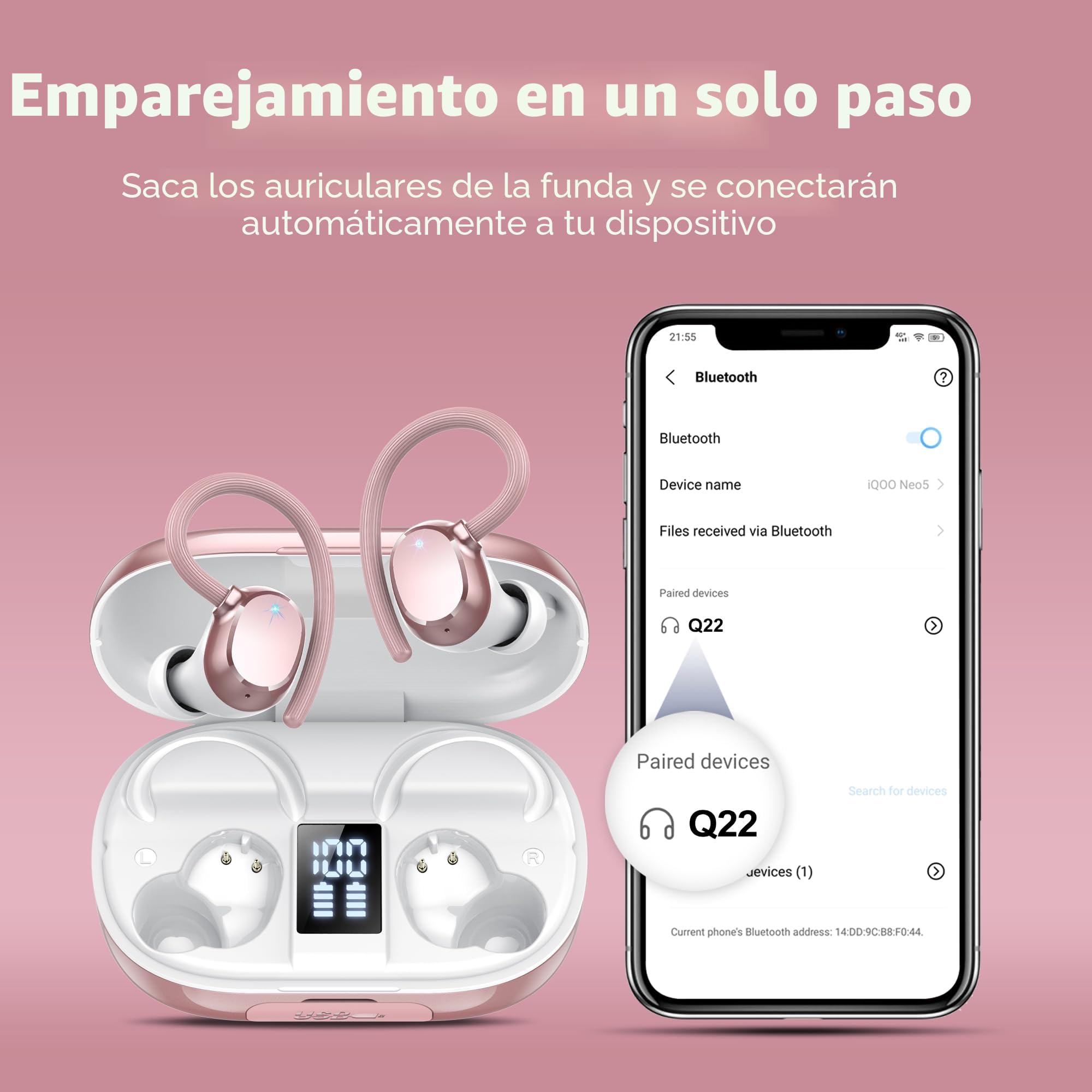 Auriculares Oreja Abierta Bluetooth 5.3, Auriculares Inalámbricos Deportivos con Gancho, Reproducción de 128H Pantalla LED, Auriculares con micrófono Incorporado, Control Táctil, IP7 Impermeable