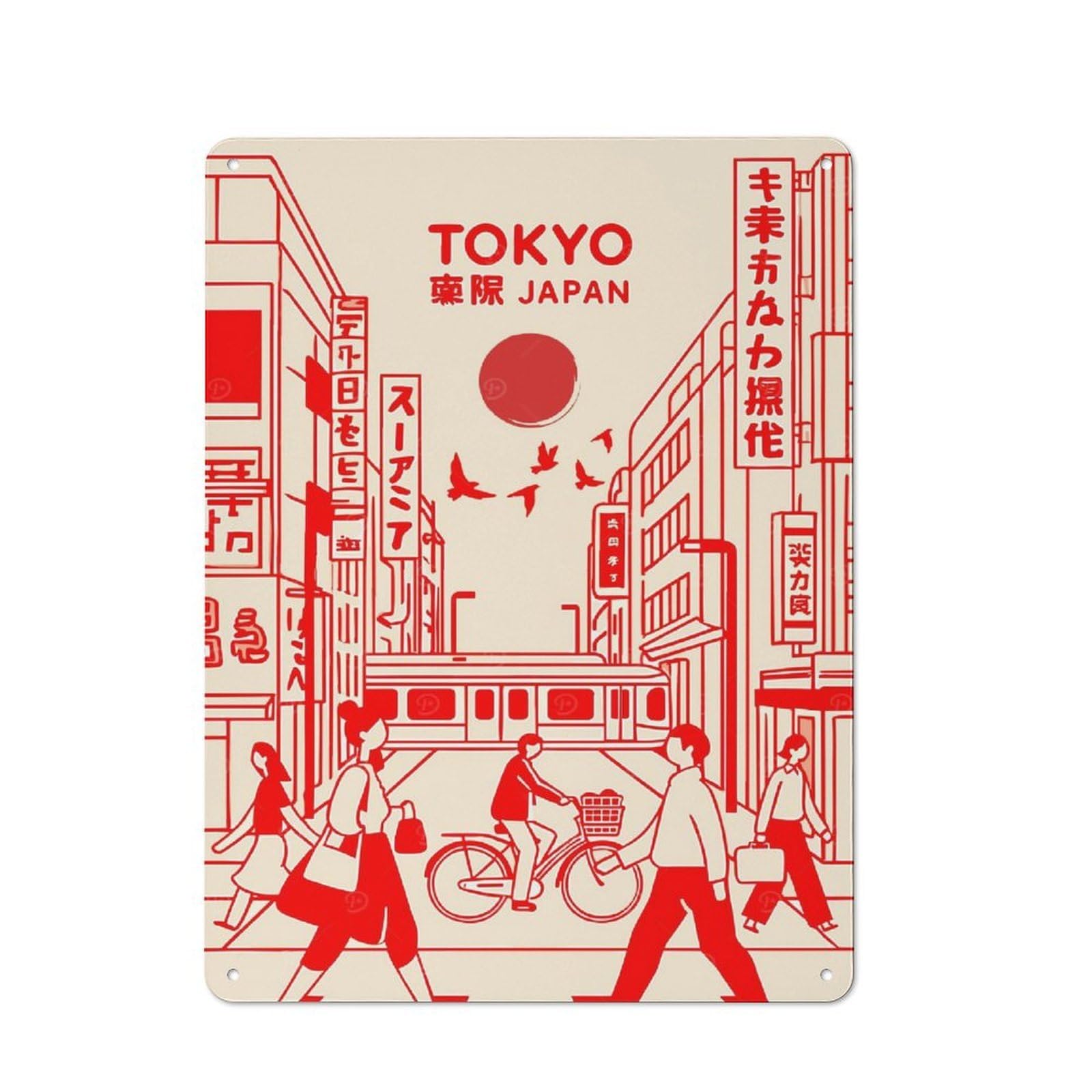 Junmoney Tokyo Japan Cityscape Red And Beige Vintage Tin Sign 40X30cm, Nostalgic Retro Room Decor For Bedroom, Office, Home Bar Or Dining Room