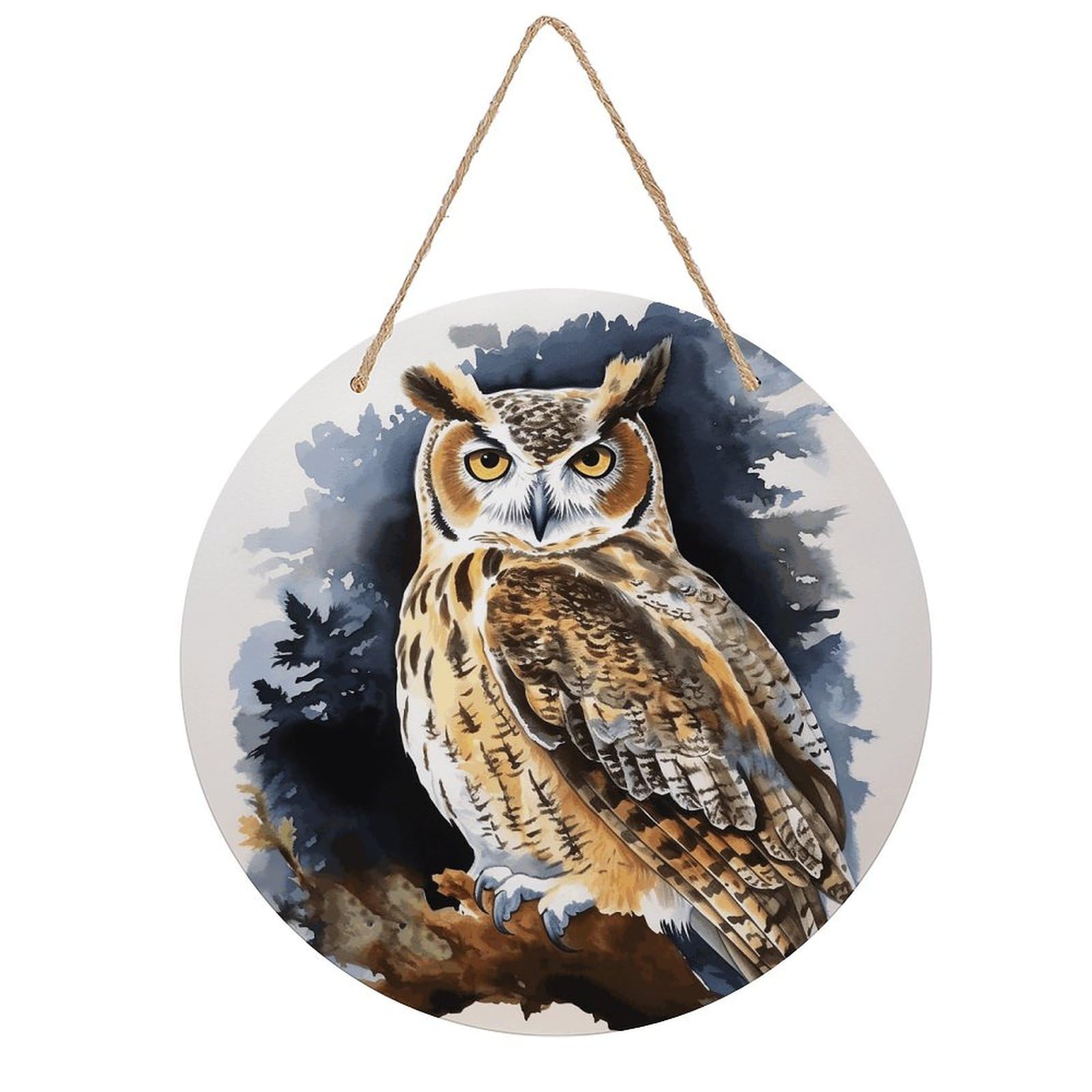 LZQPOEAS Owl2 Round Wood Wall Art Painting, 7.9 Inch Circular Wooden Door Hanger Decorative Paintings, Rope-Hanging Wooden Wall Plaque for Home Decor And Office Party