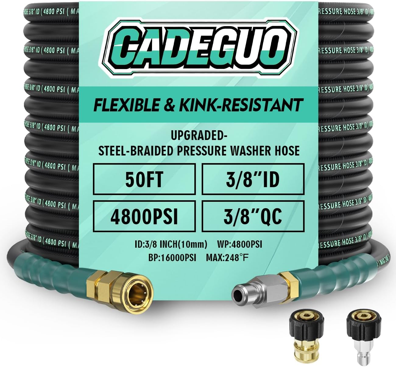 3/8" 4800PSI Pressure Washer Hose 50FT with 360° Swivel Quick Connect, Flexible Kink Resistant Steel Wire Braided & Durable Rubber for Hot/Cold Water, Power Washer Hose With M22 14mm Adapter