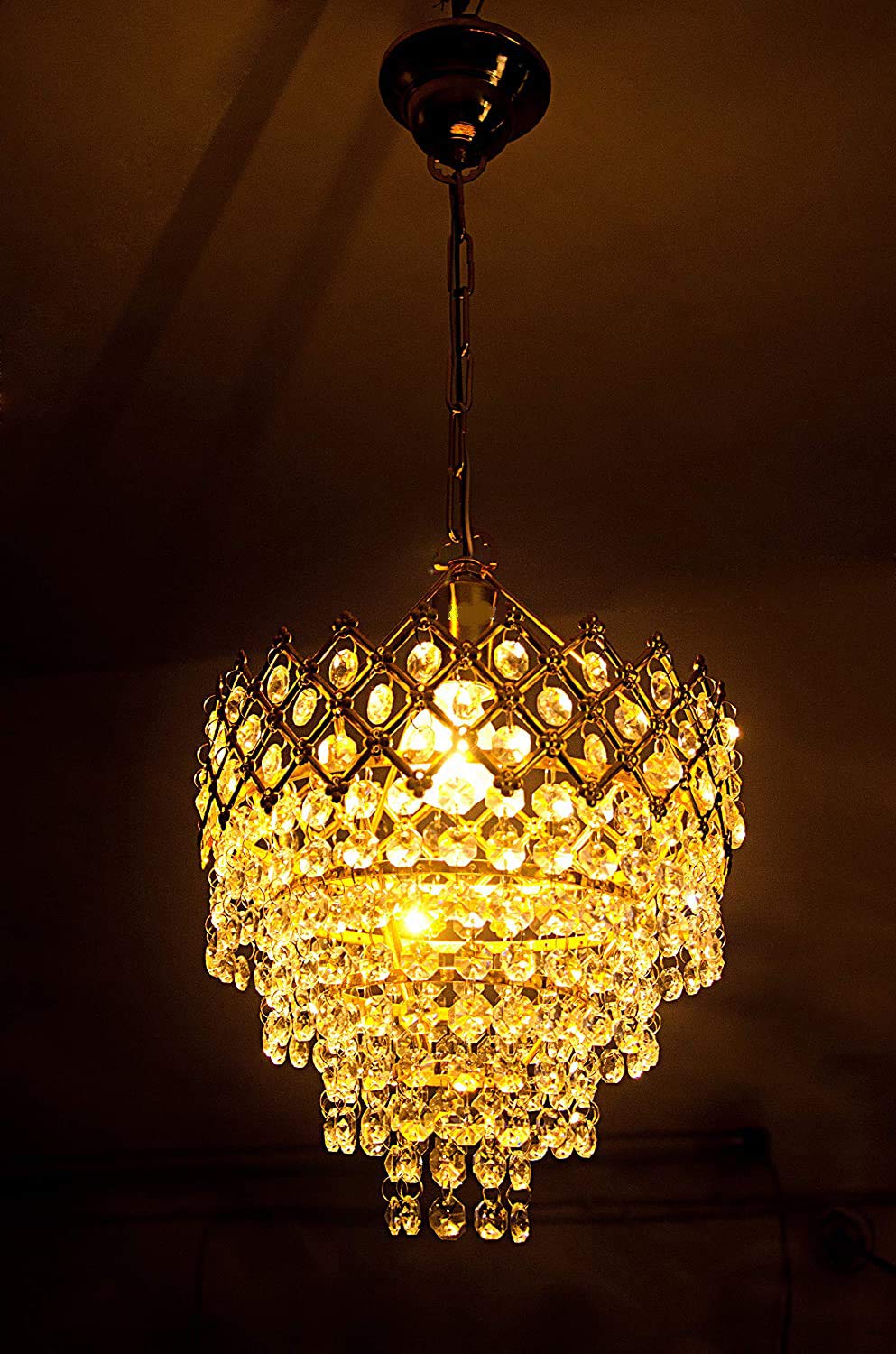 FLOSTON 40 watt Home and Garden Decorative Pendant Crystal Chandelier for Living Room (Golden, 250 mm)