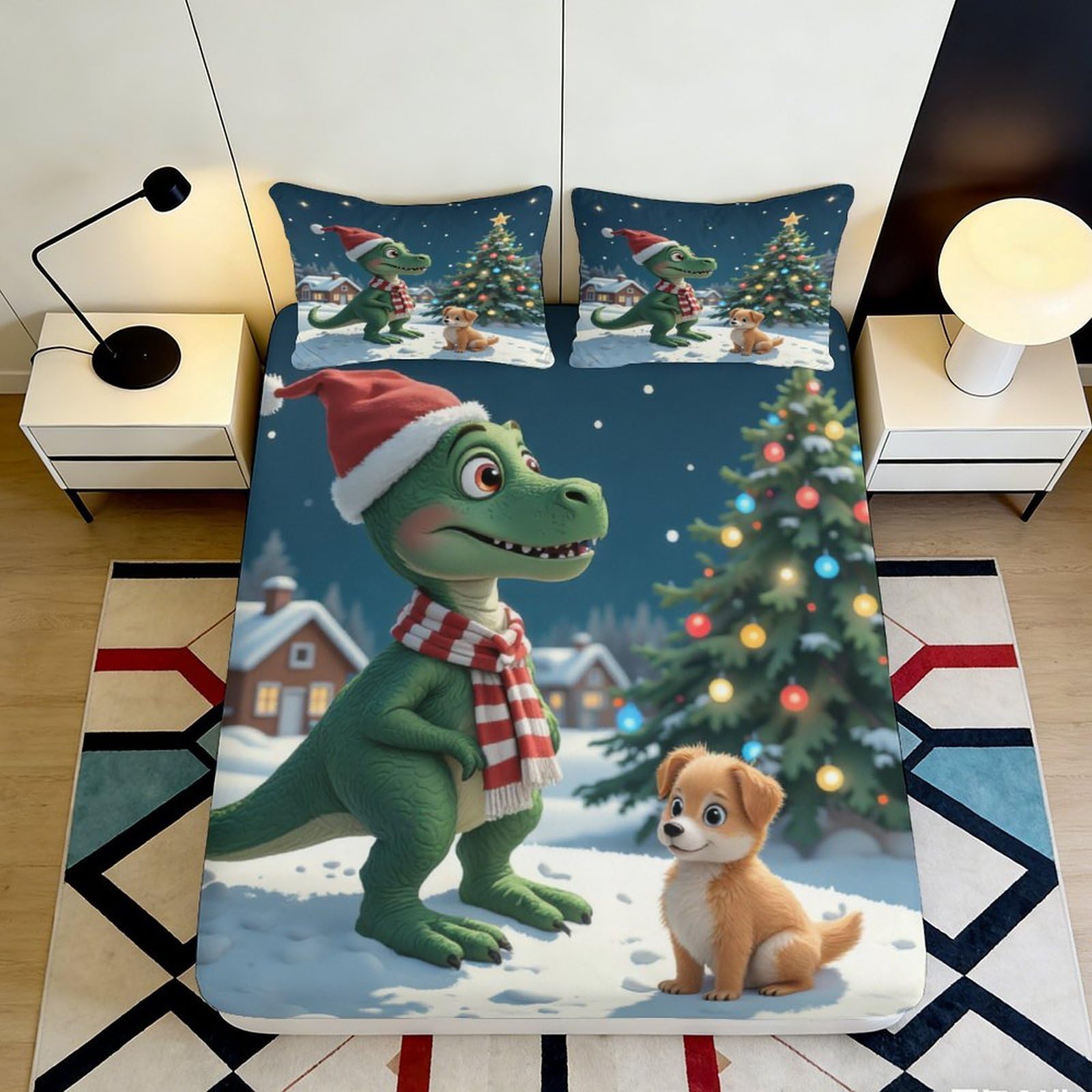3D Printed Christmas Dino Dog Fitted Sheet Microfiber Deep Pocket Non-Slip Xmas Tree Mattress Fitted Cover for Bedroom Bedding 180x200x25cm