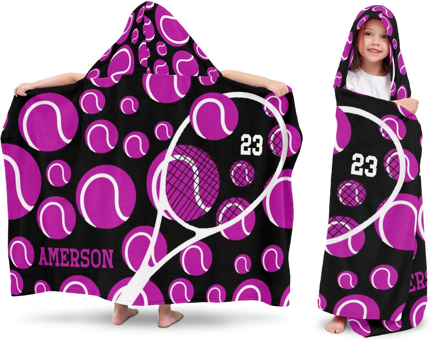 Tennis Hot Pink Sport Gym Personalized Hooded Towel Absorbent Wrap Soft Pool Beach Bath Towels Hood Poncho for 5-12 Years Kids Boys Girls