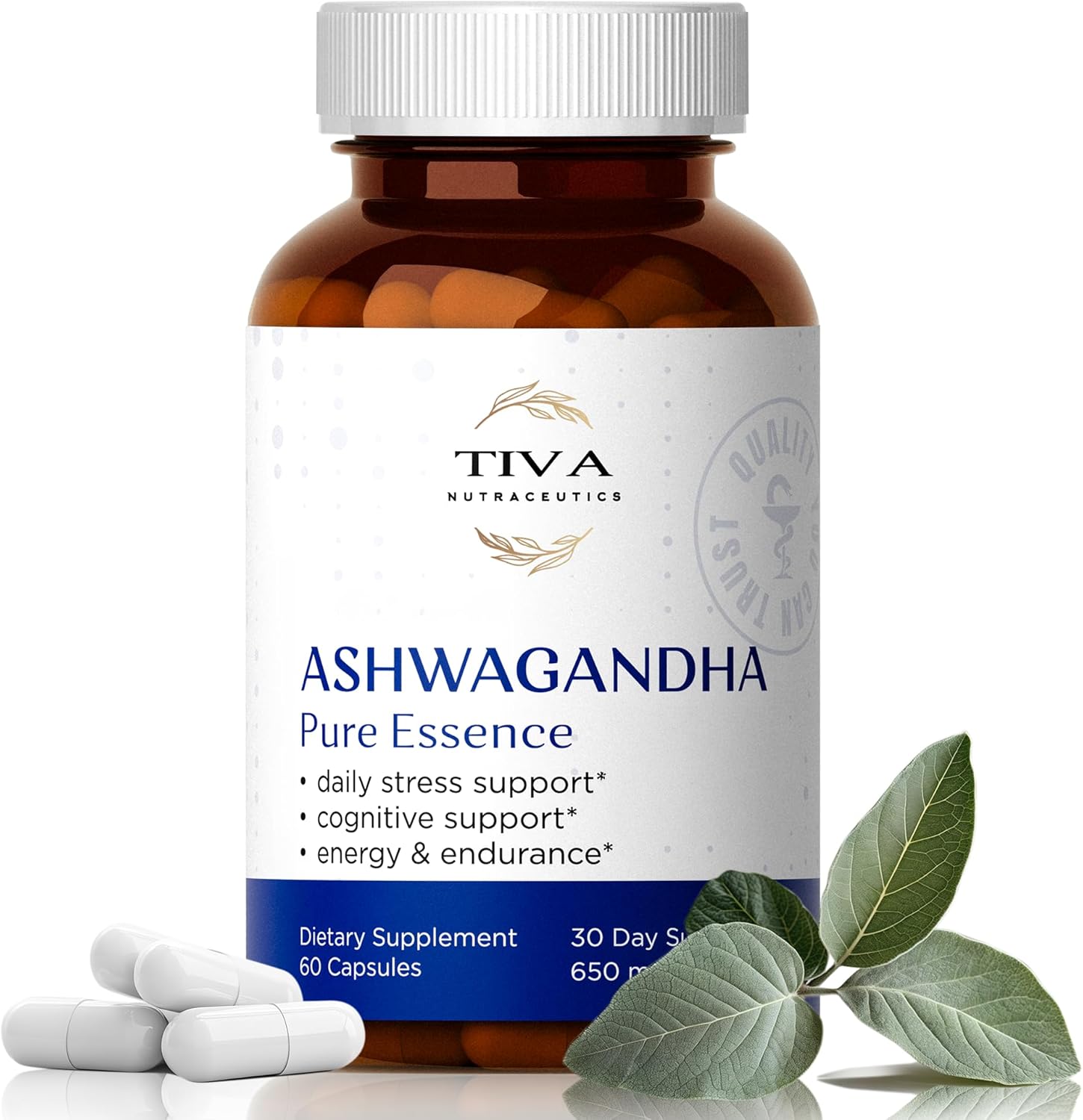 TIVA Ashwagandha Capsules 650mg with Black Pepper Extract – Natural Support for Stress, Metabolism, Immune Function & Mood – Vegan, Non-GMO, Lab-Tested – 60 Herbal Capsules