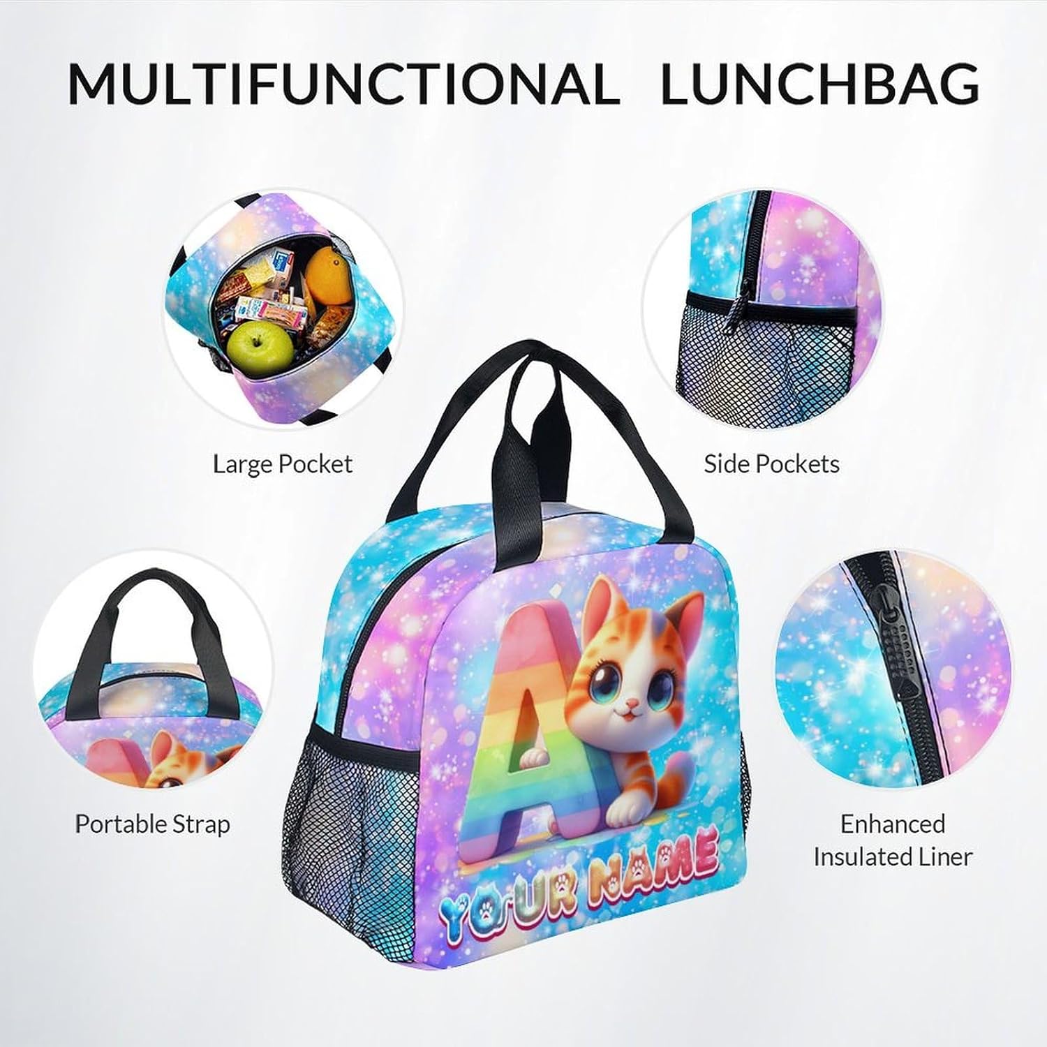 Backpack for Girls - Personalized Cat Backpacks for Kids Ages 6-8, 17 Inch Durable Toddler with Lunch Box