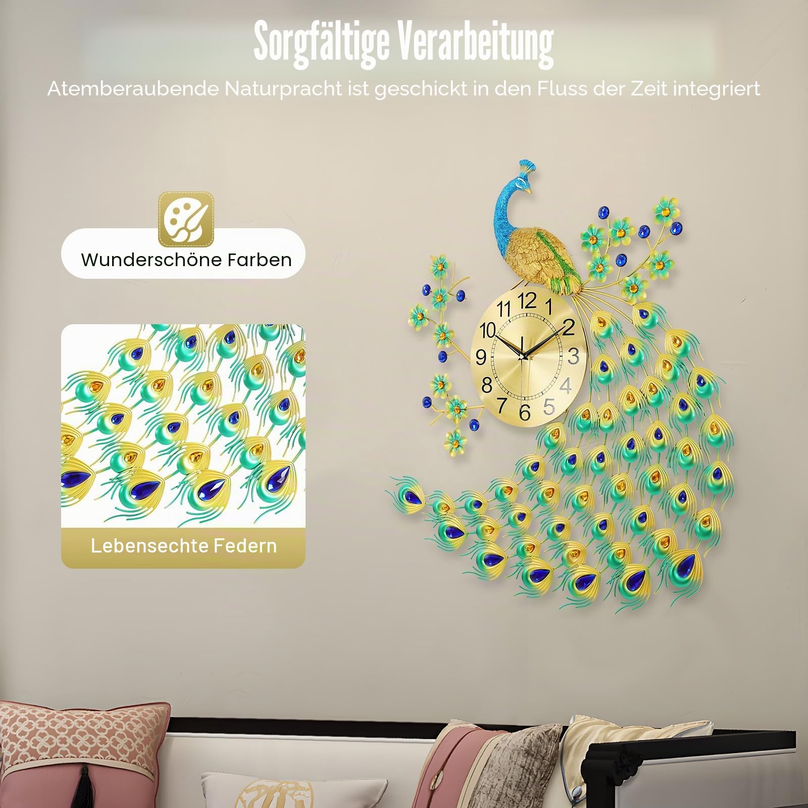 Wanduhr Pfau Groß 70cm, 3D Metall Design mit Funkelnden Kristallen, Geräuschloses Uhrwerk ohne Ticken Digitale Wanduhren Moderne Wandkunst Dekoration für Wohnzimmer & Schlafzimmer