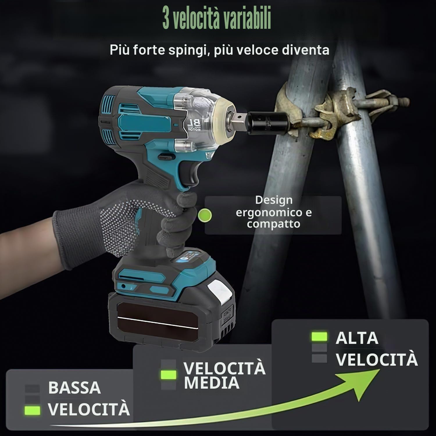 Avvitatore a percussione a batteria con due batterie 21V elettrico 3 in 1 1200 N.m, avvitatore a percussione 6700 giri/min, con luce LED, 5 bussole per casa, auto, fai da te (1200 Nm)