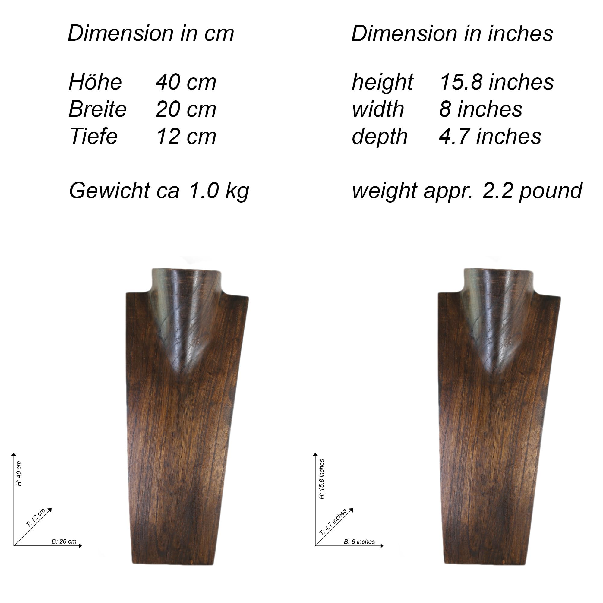 Schmuckständer Kettendisplay Schmuckbüste aus Holz 40 cm – Handgefertigtes Halsketten-Display für Ketten bis 80 cm, für Schaufenster, Messen, Schmuckaufbewahrung (Braun-40cm)