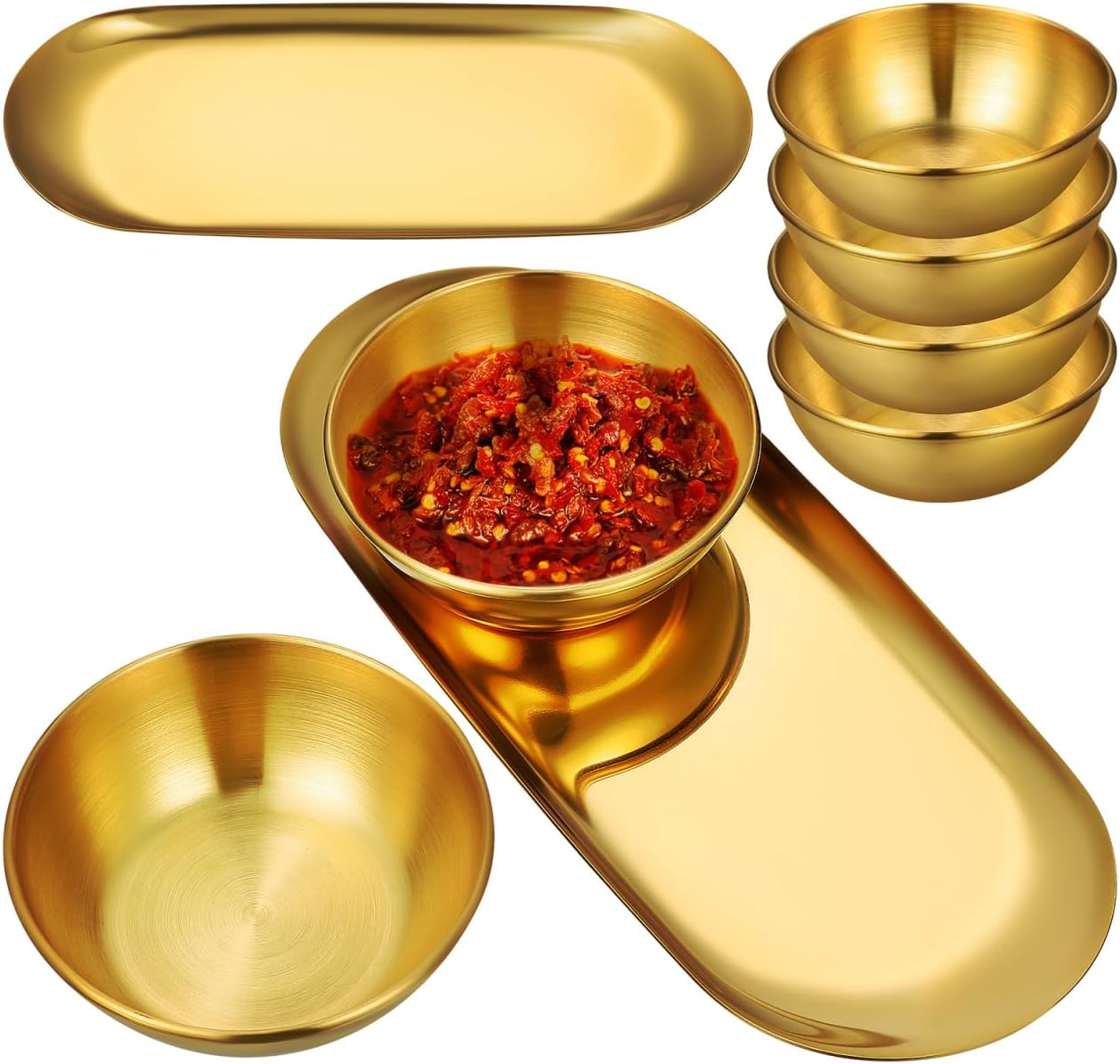 Angoily Sauce Bowl Tray Set Small Stainless Steel Dipping Sauce Dishes with Decorative Oval Tray for Sushi Soy Seasoning and Table Serving