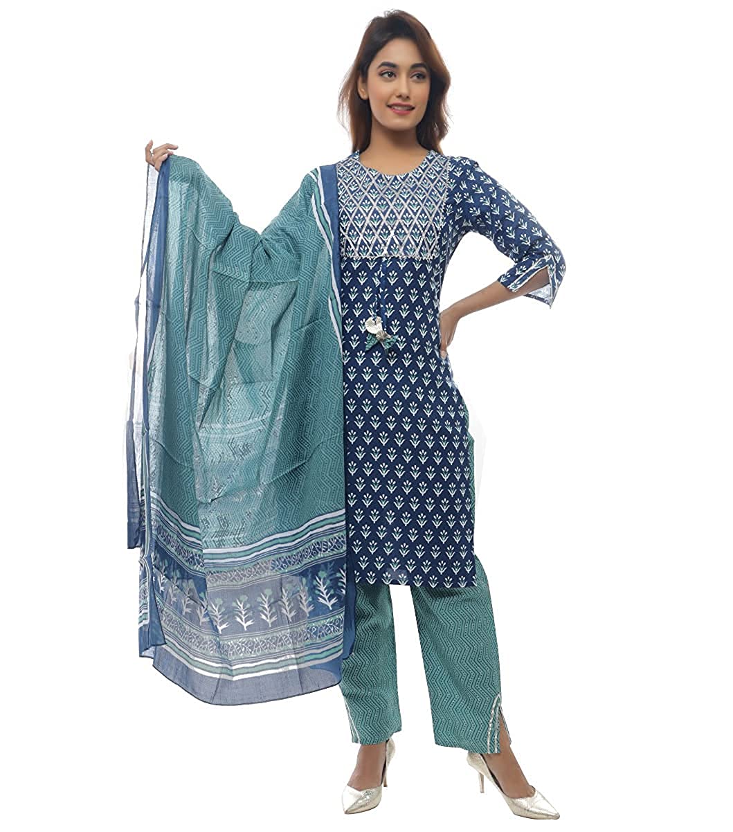 H.M.S.T. Women's Kurti with Pant Palazzo Dupatta Set Rayon Printed Gotta Work