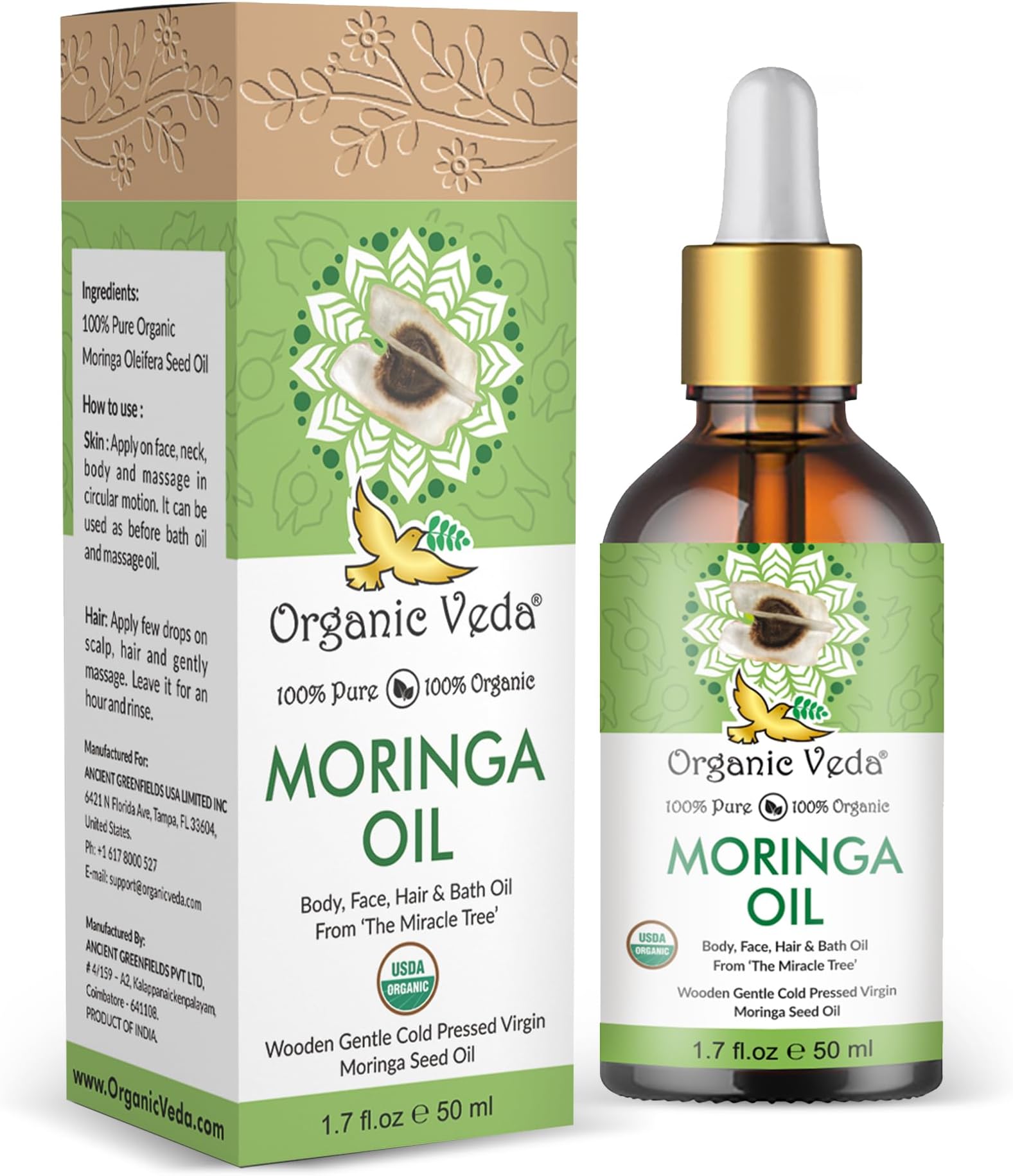 Organic Veda Moringa Oil Virgin 100% Pure & USDA Organic - Multi Purpose, Face, Hair & Skin, Nails, Fast Absorbing, Moisturizing & Beautifying - The Miracle Tree Moringa Oleifera Seed Oil, 1.7 fl.oz
