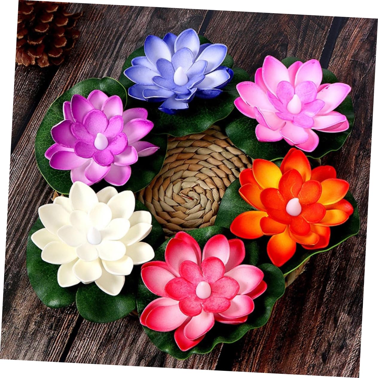 7 Sätze Lotus Schwimmende Wasserlampe Solar Wasserbrunnen Teichbelüfter Pool Skimmer Netz Brunnen Teiche Solar Teichbrunnen Wasserbrunnen Outdoor Solar Aquarium 6 Stück * 7
