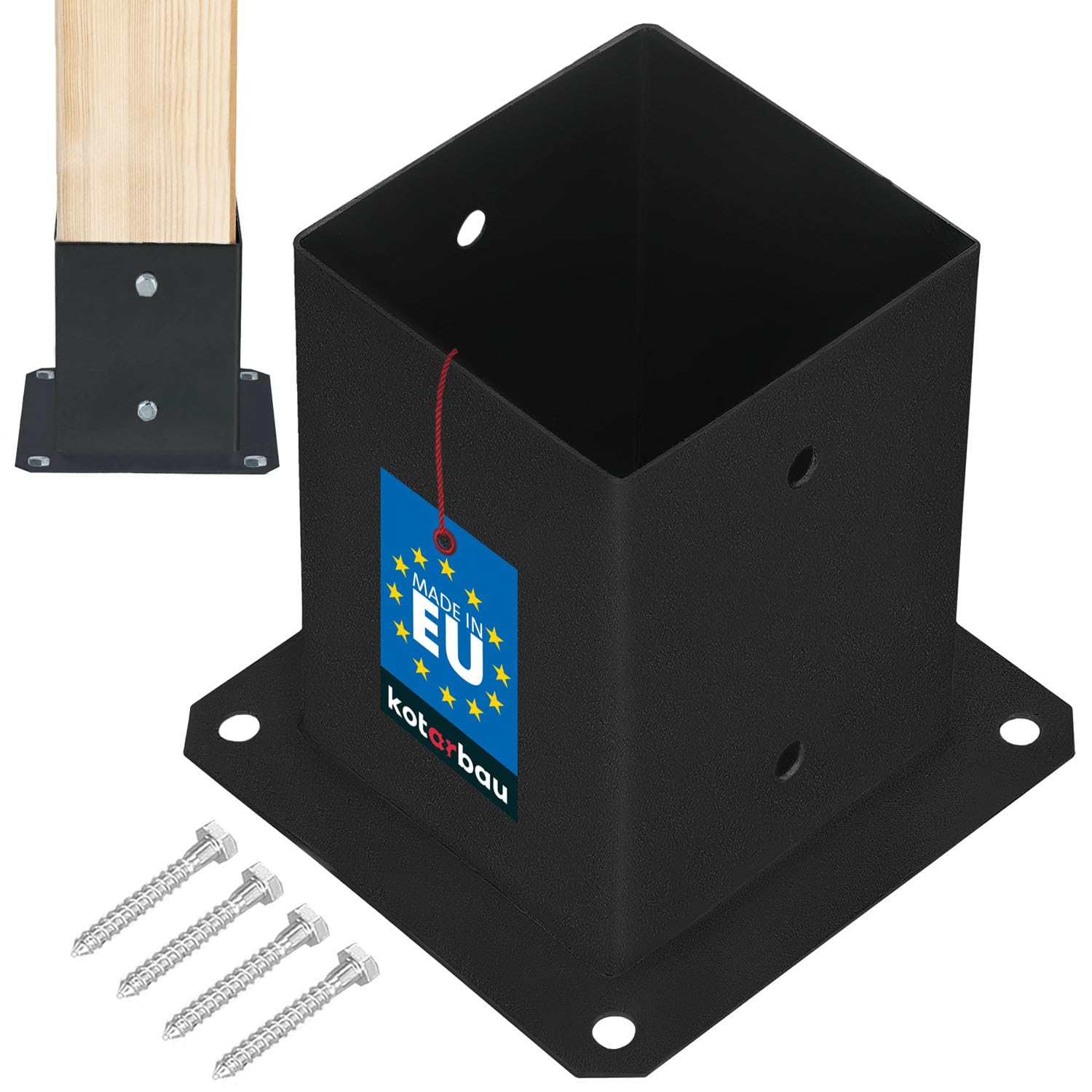 Kotarbau Black Kotarbau® Fence Post Support - Post Base - Powder Coated Steel - 100X100 Mm (3.94X3.94 In) - Bolt Down Support - Heavy Duty - For Wooden Beams - Weather Resistant