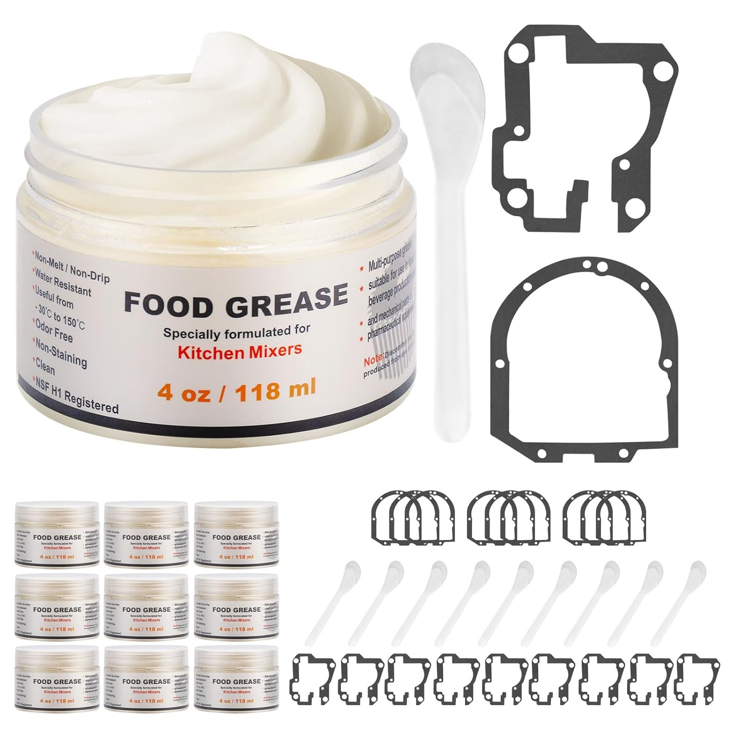 4 Oz Food Grade Grease for Kitchenaid Stand Mixer, Universally Compatible with Most Stand Mixers - Equipped with Gasket & Spatula - Pack of 10 Can
