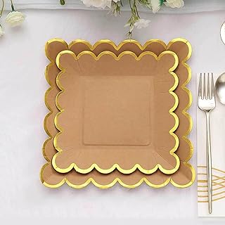 Efavormart 25 Pack 9 Inch Square Paper Dinner Plates, Natural Kraft with Gold Scalloped Rim - Fancy Rustic Disposable Tableware for Barn Wedding, Holiday