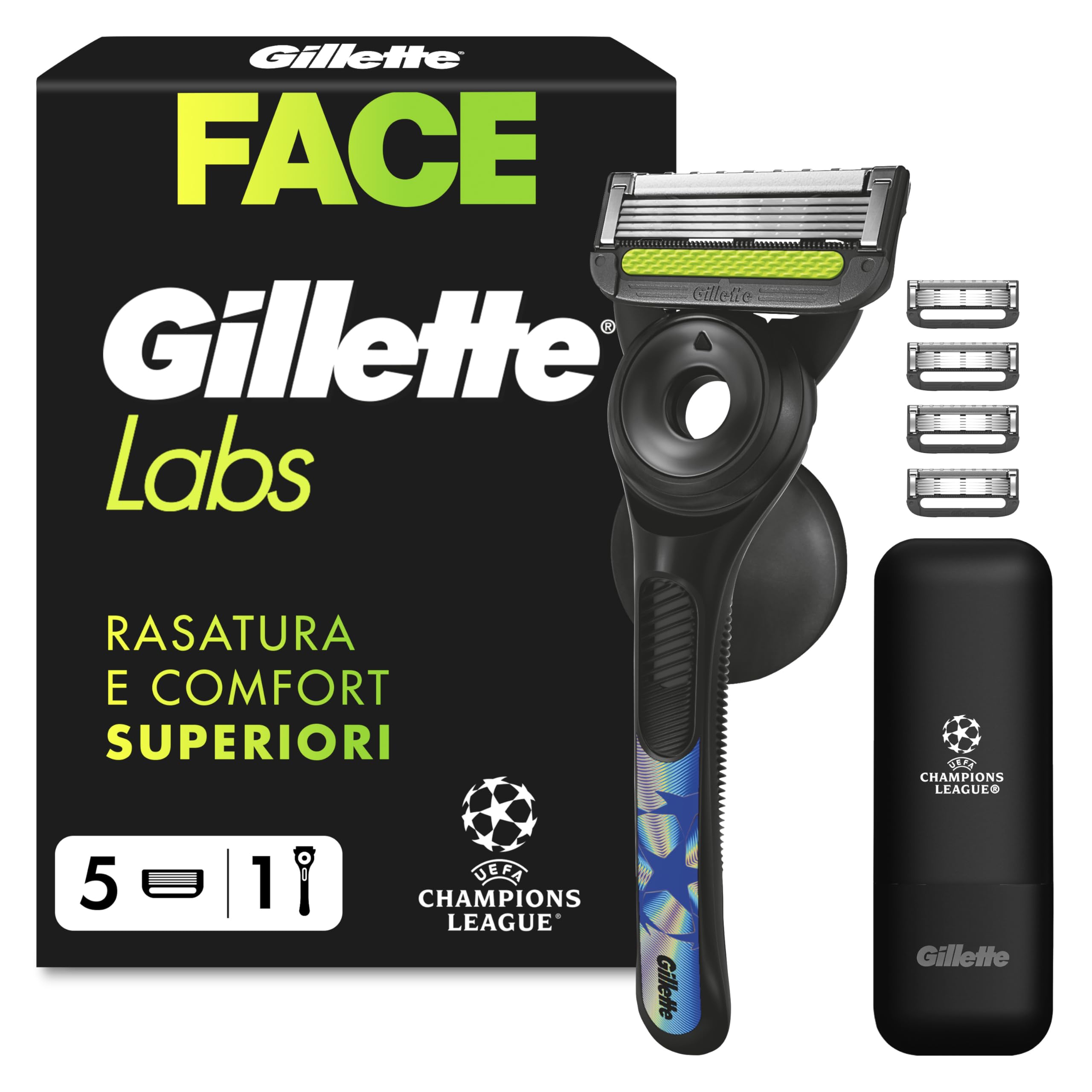 Gillette Uefa Champions League Special Edition Gillettelabs Rasoio a Mano Libera con Barra Esfoliante Champion Gold Edition, 1 Manico + 5 Lamette di Ricambio, Gancio da Parete e Custodia da Viaggio