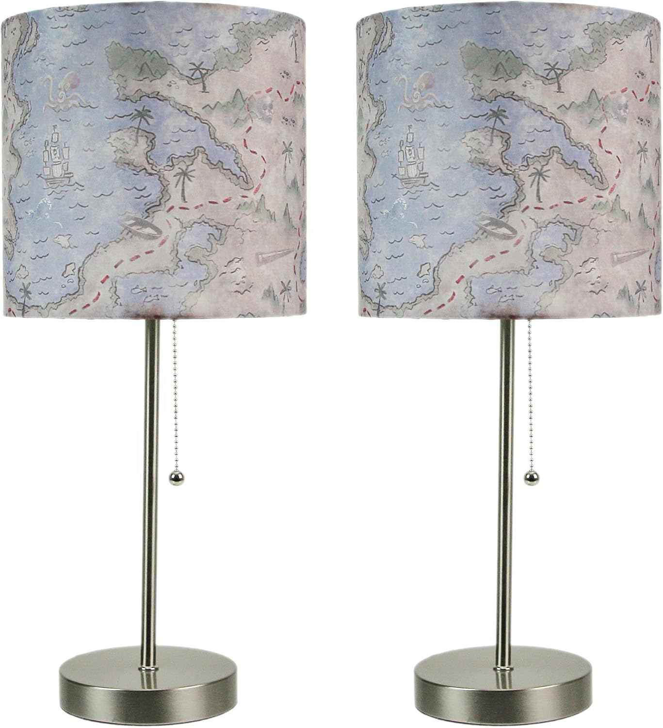 Zeckos Set of 2 Decorative Treasure Map Brushed Nickel Accent Lamps for Nautical and Beach-Themed Living Spaces - 19 Inches Tall - Pirate-Inspired Coastal Lights