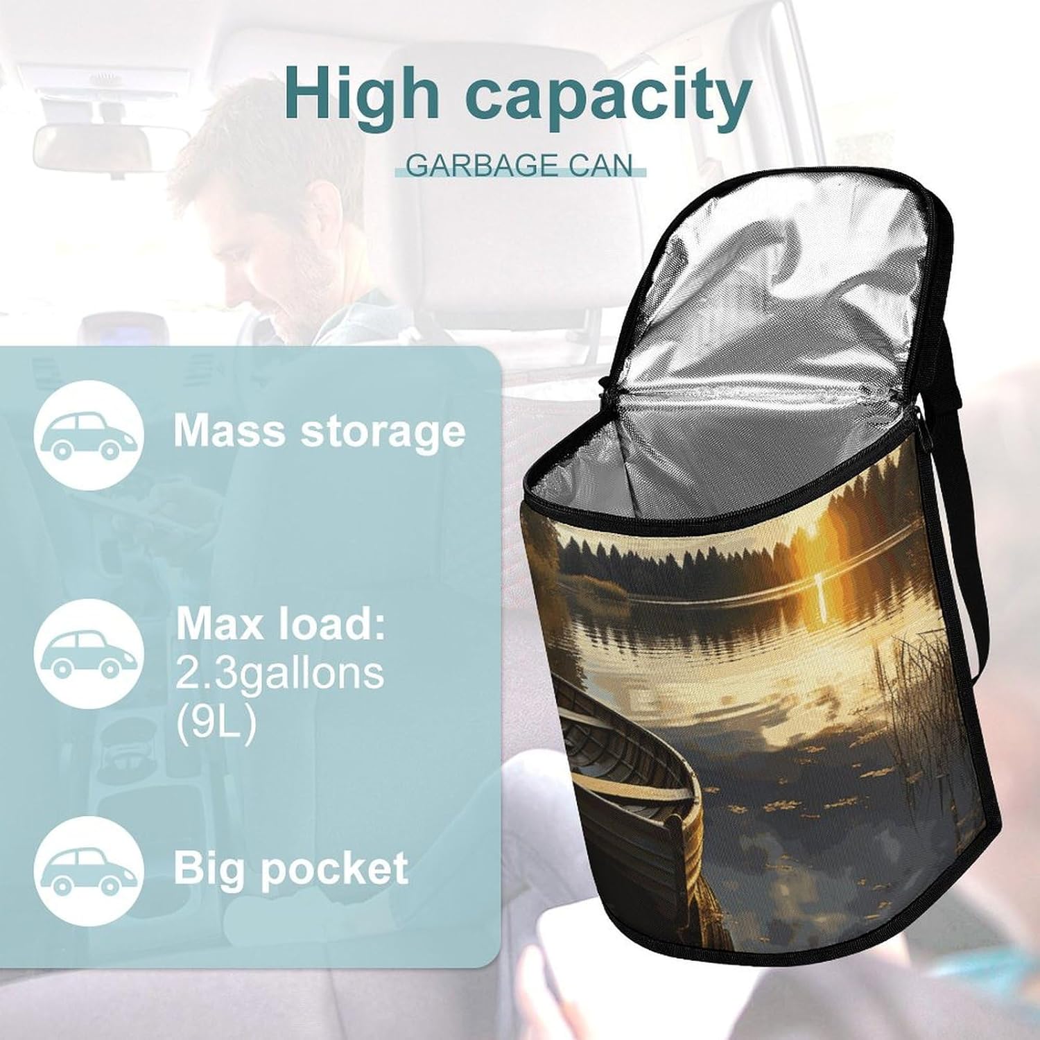 Hanging Car Trash Bag Boat at Lake Shore Printed Car Garbage Storage Bag Leakproof Car Trash Can Portable Garbage Storage Bags