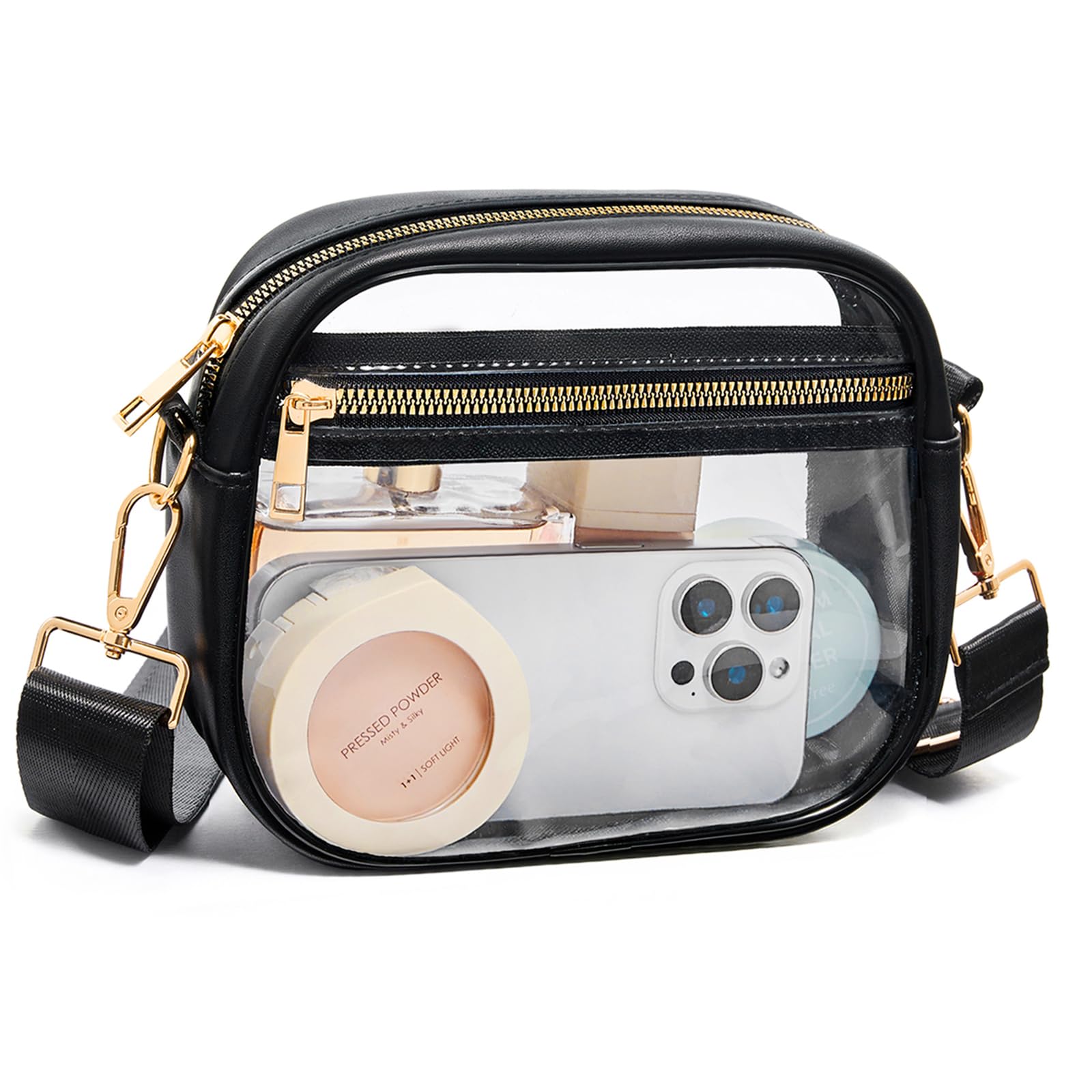 Fibrdoo Clear Bag Stadium Approved, Leather Clear Crossbody Purse Bag for Concerts Sports Events Festivals (Black)