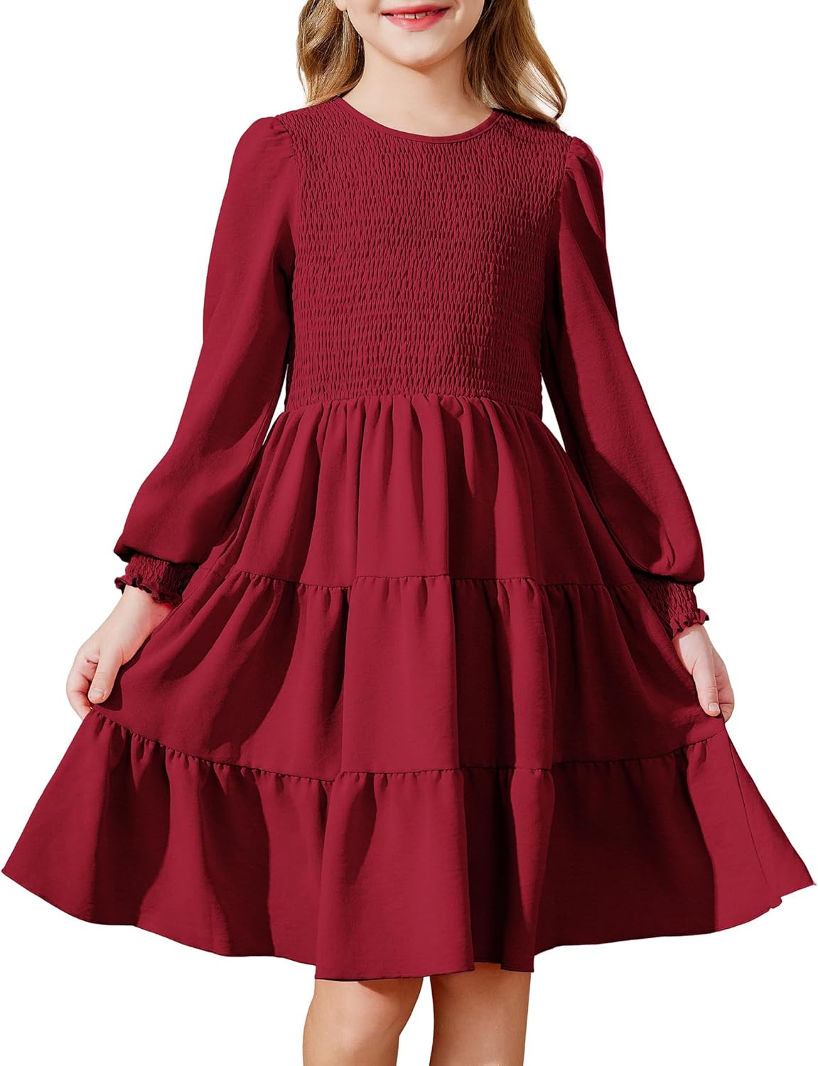 Arshiner Girls Dress Fall Boho Long Sleeve Shirred Smocked Tiered Party Dresses with Pockets