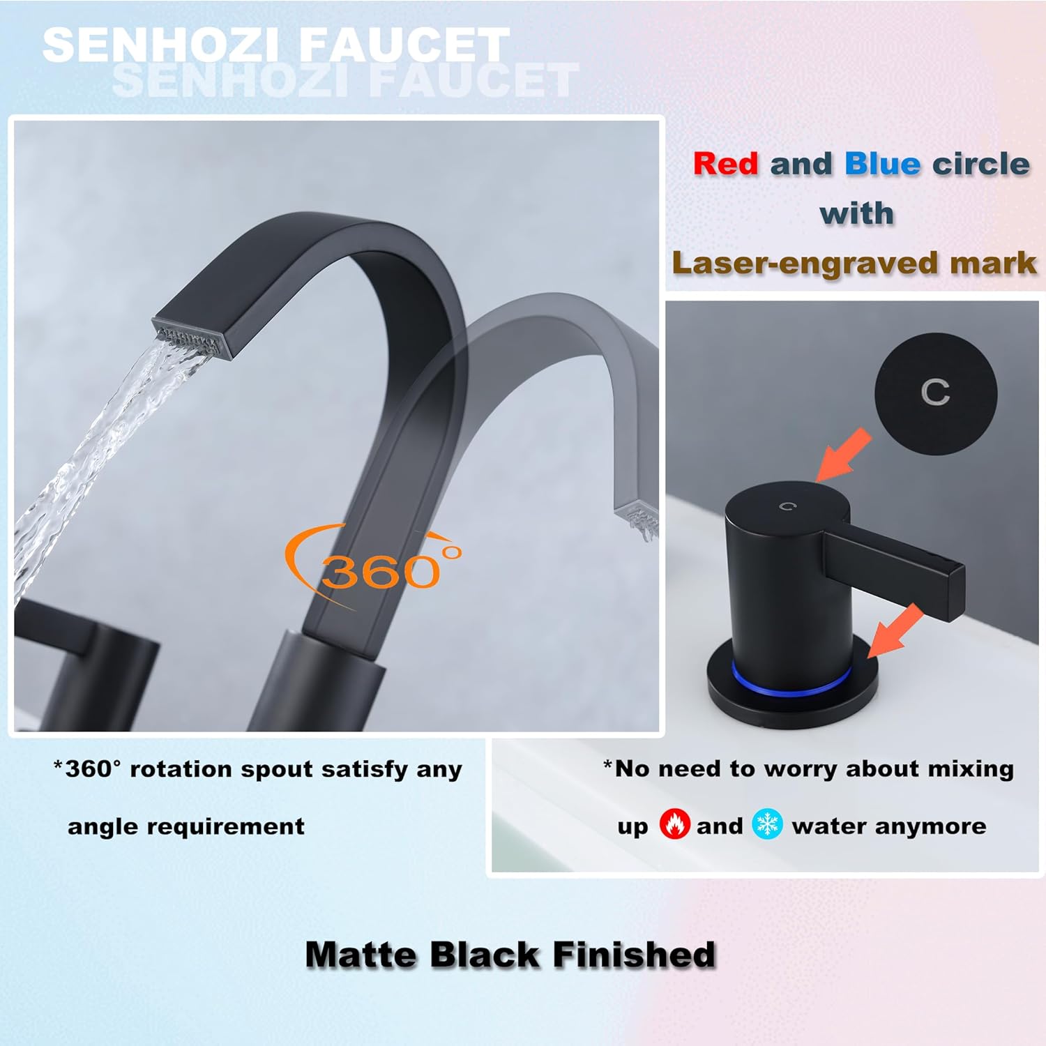 Matte Black Bathroom Faucets 3 Holes, 8 Inch Widespread Bathroom Sink Faucet, 2 Handles Black Bathroom Faucet with Pop-up Drain and Supply Hose SE-0018-BK