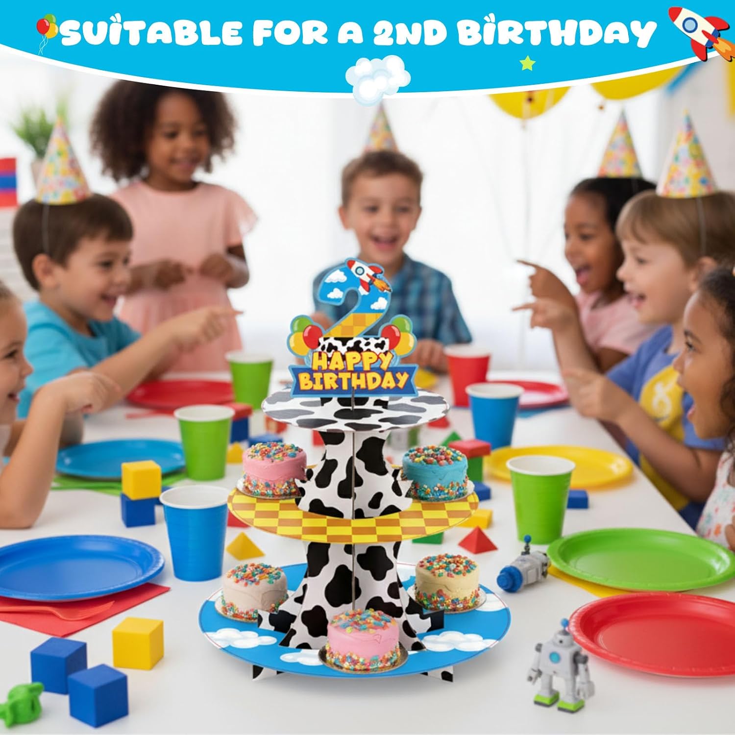 Blulu Three-Tier Cartoon Story Cupcake Stand with Number 2 - Cardboard Cake Stand, Dessert Tower for Toy Theme Birthday Decorations, Baby Shower Party Supplies image 5