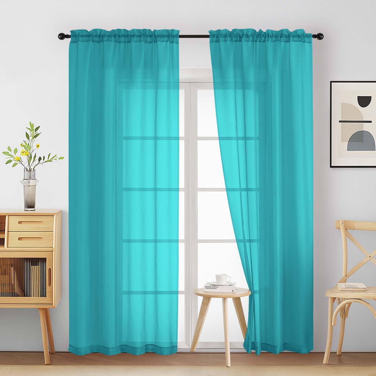 Ebesto Turquoise Sheer Curtains 90 Inches Long 2 Panels, Light Filtering Solid Sheer Curtains for Bedroom Living Room, Lightweight Soft Airy Voile Sheer Drapes, Dual Rod Pocket, 2x42Wx90L Inches